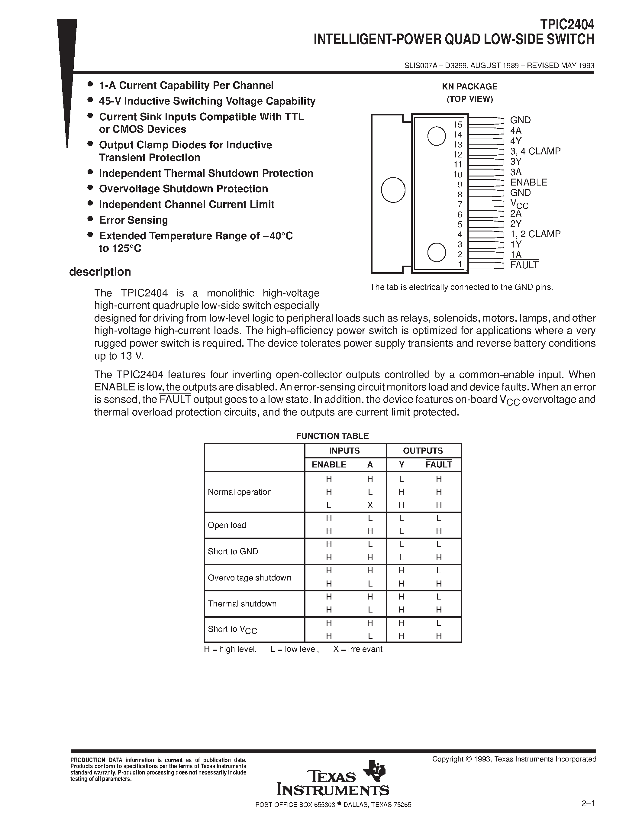 Datasheet TPIC2404 - INTELLIGENT-POWER QUAD LOW-SIDE SWITCH page 1