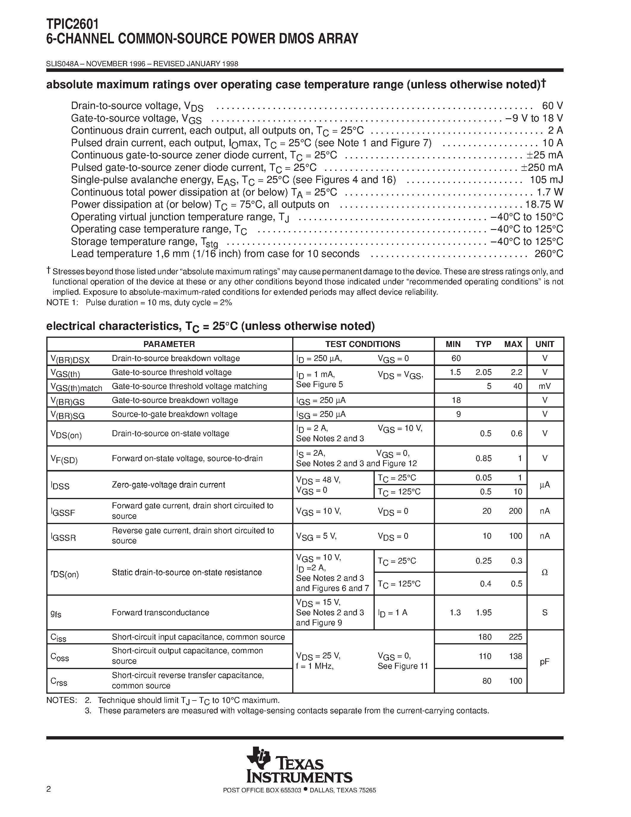 Datasheet TPIC2601 page 2 Datasheet TPIC2601 - 6-CHANNEL COMMON-SOURCE POWER DMOS ARRAY page 2