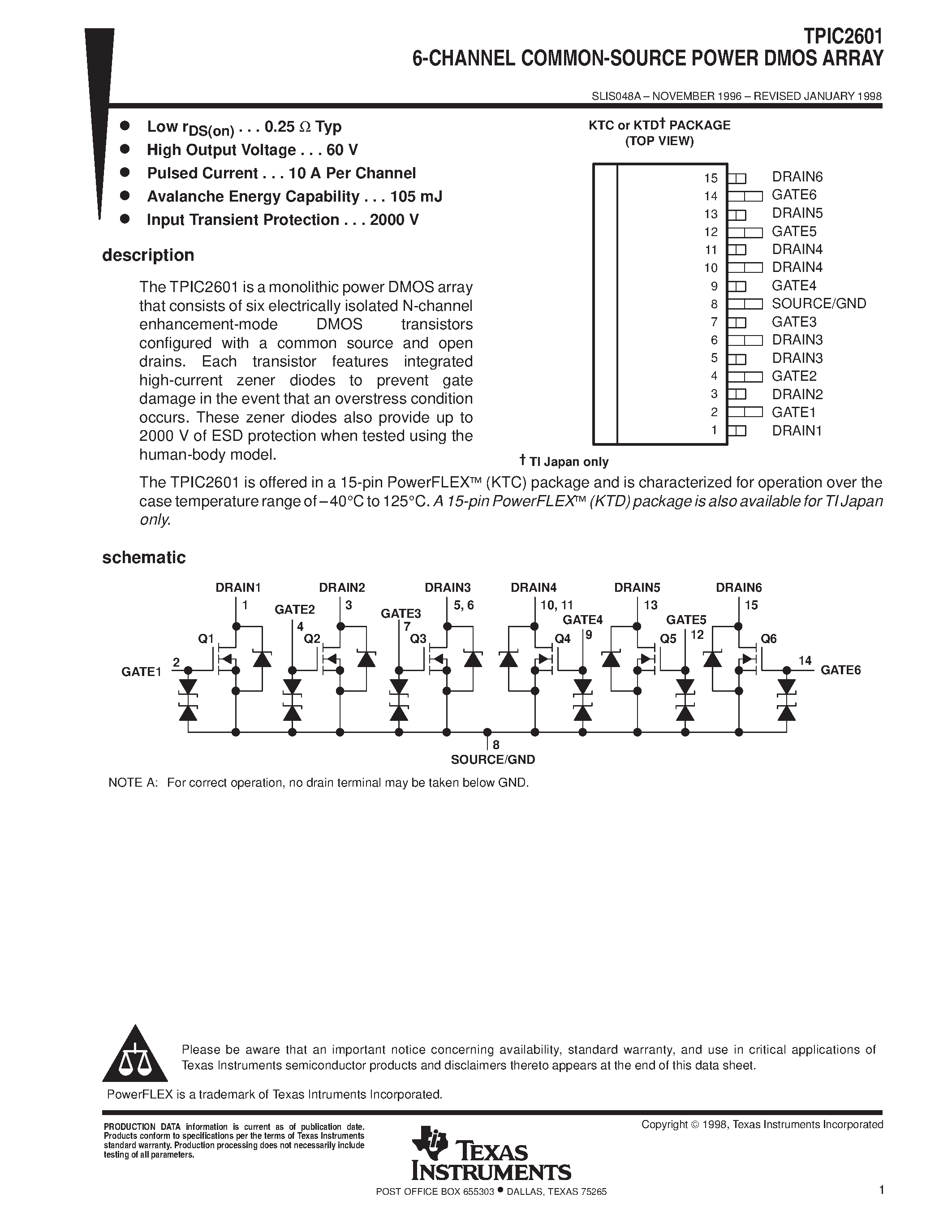 Даташит TPIC2601KTD - 6-CHANNEL COMMON-SOURCE POWER DMOS ARRAY страница 1