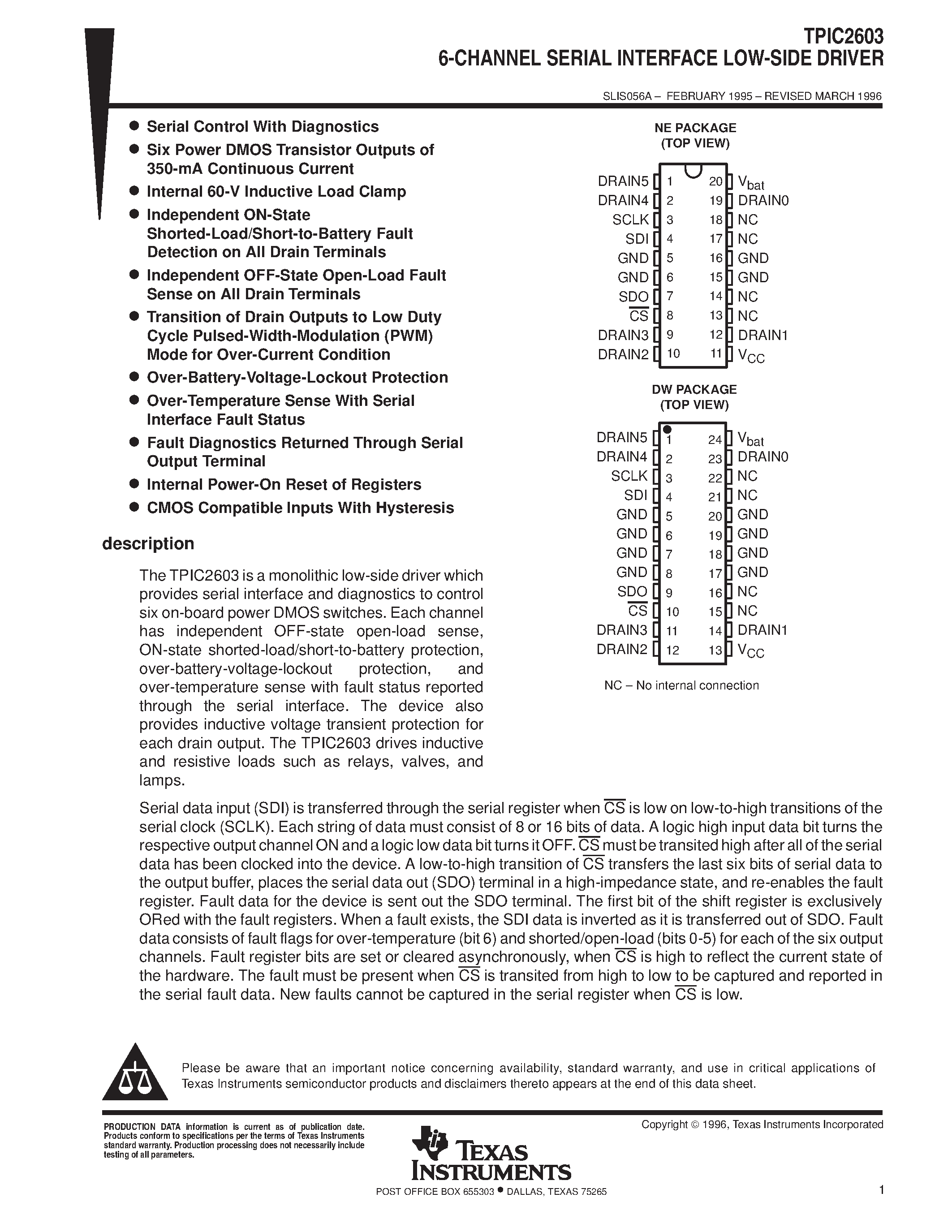 Datasheet TPIC2603 page 1 Datasheet TPIC2603 - 6-CHANNEL SERIAL INTERFACE LOW-SIDE DRIVER page 1