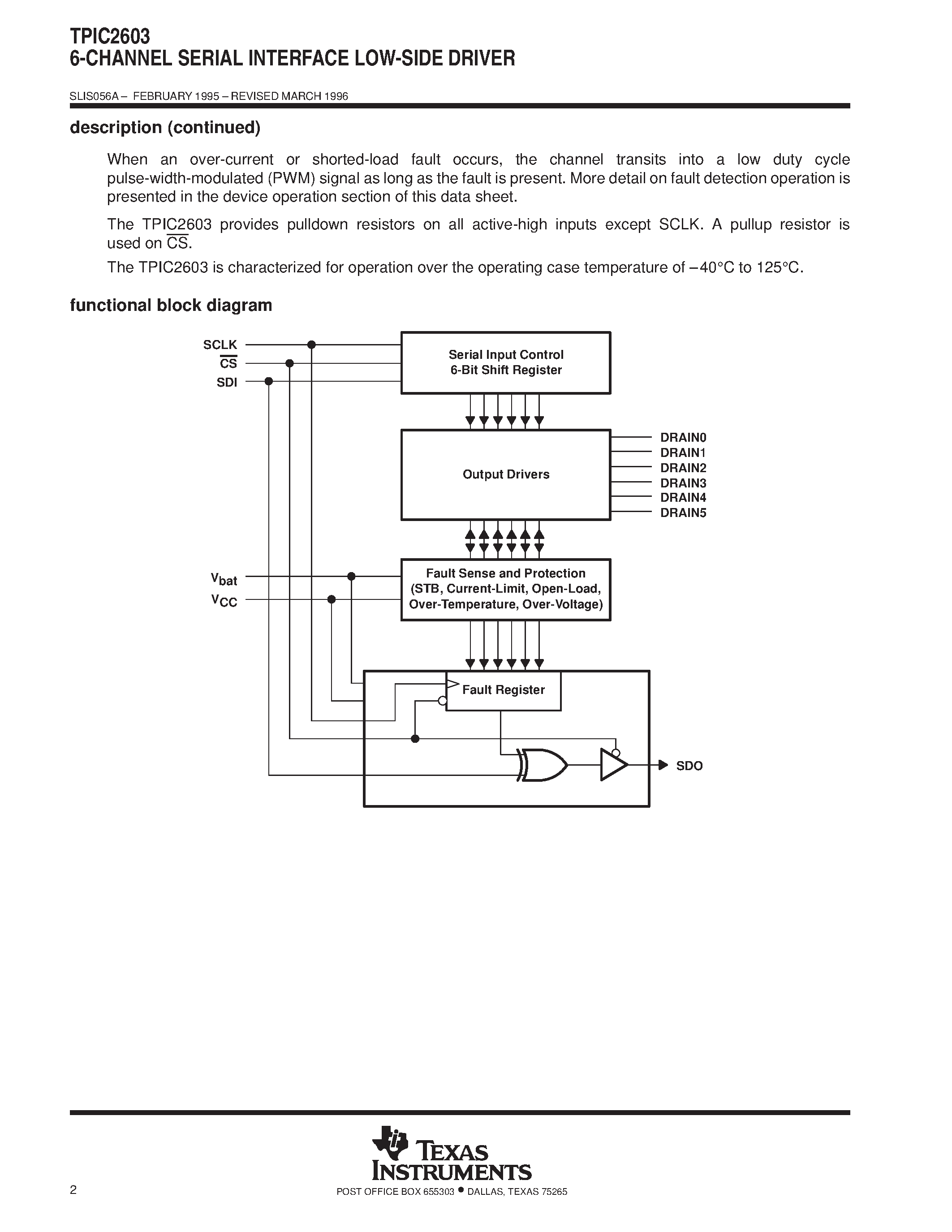 Даташит на микросхему TPIC2603NE страница 2 Даташит TPIC2603NE - 6-CHANNEL SERIAL INTERFACE LOW-SIDE DRIVER страница 2