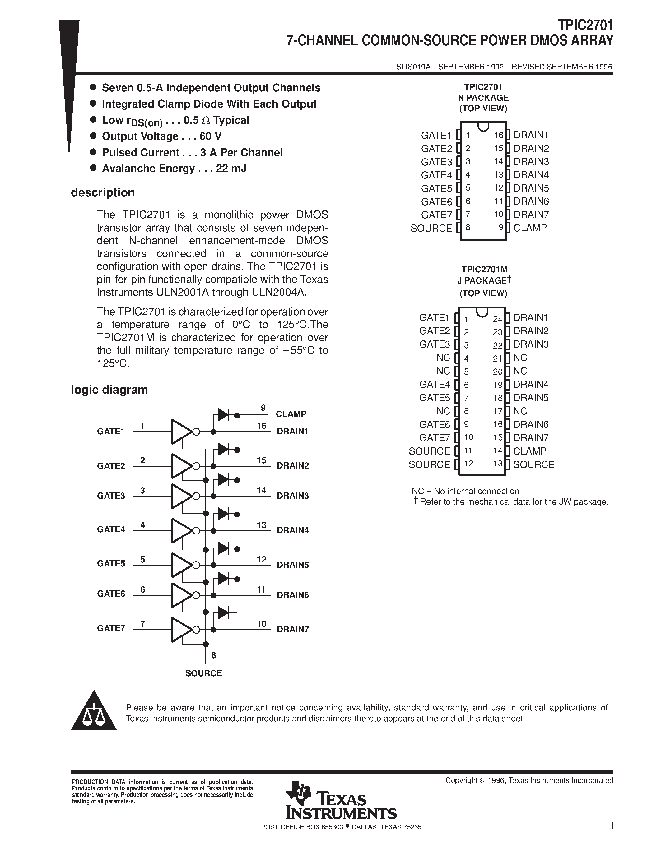 Datasheet TPIC2701 - 7-CHANNEL COMMON-SOURCE POWER DMOS ARRAY page 1