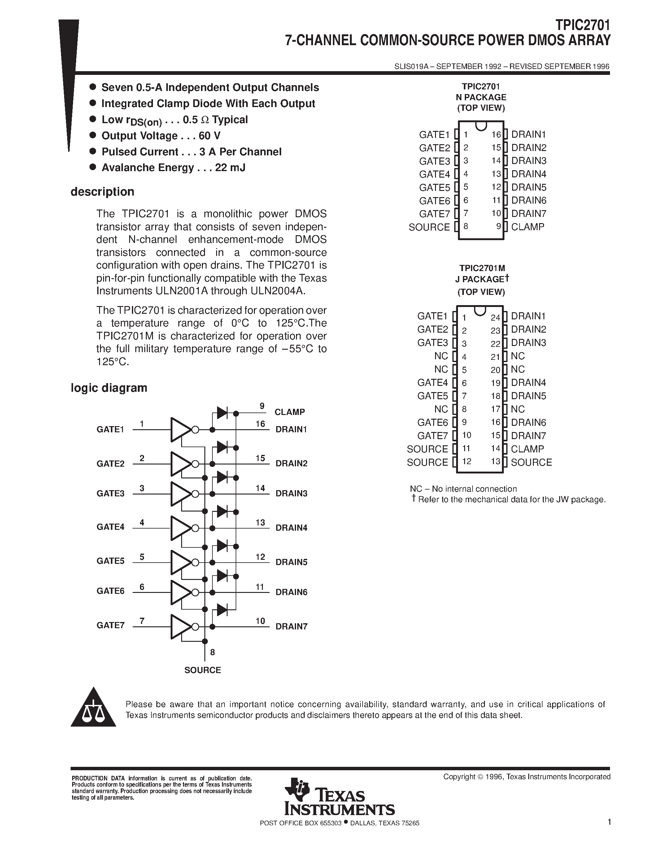 Даташит на микросхему TPIC2701M страница 1 Даташит TPIC2701M - 7-CHANNEL COMMON-SOURCE POWER DMOS ARRAY страница 1