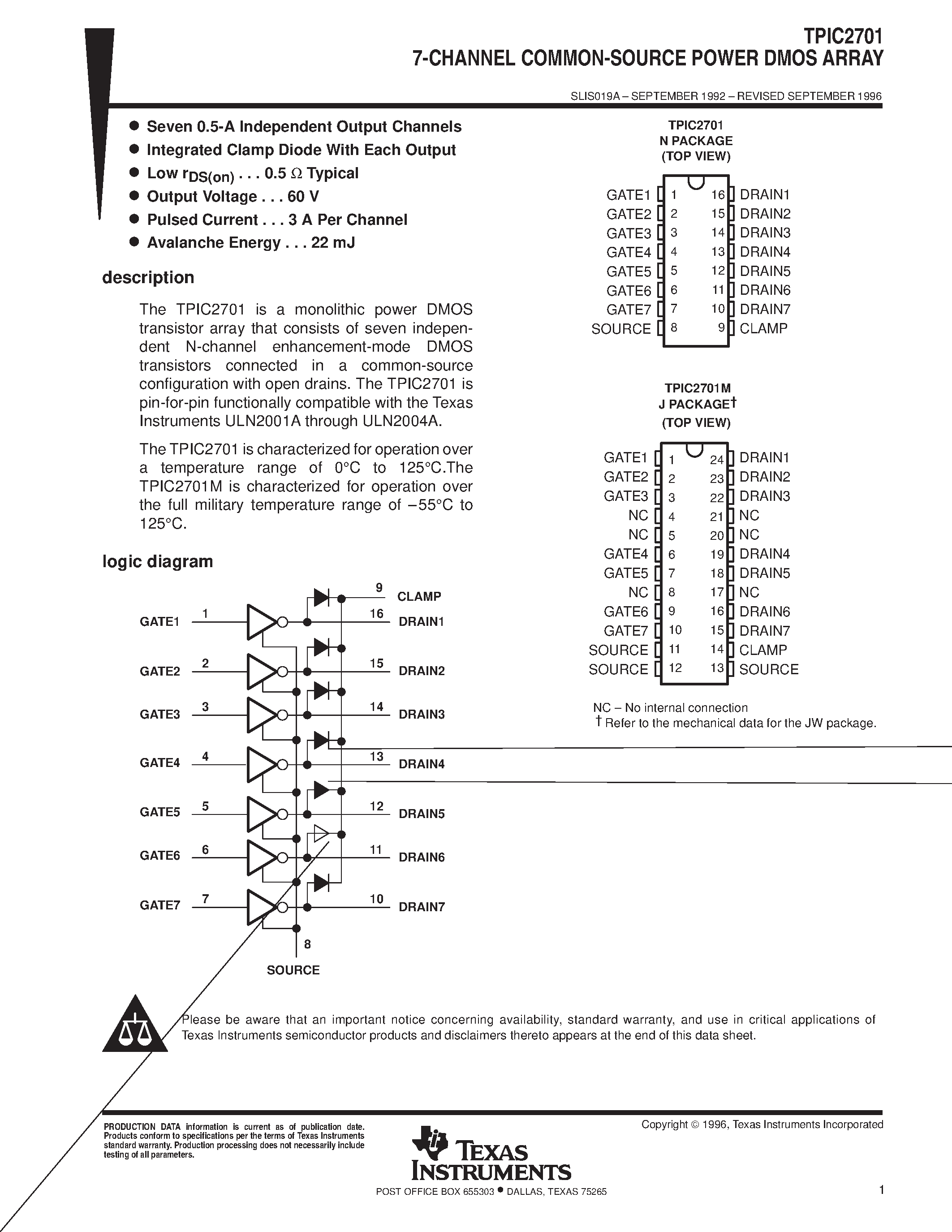 Datasheet TPIC2701MJ - 7-CHANNEL COMMON-SOURCE POWER DMOS ARRAY page 1