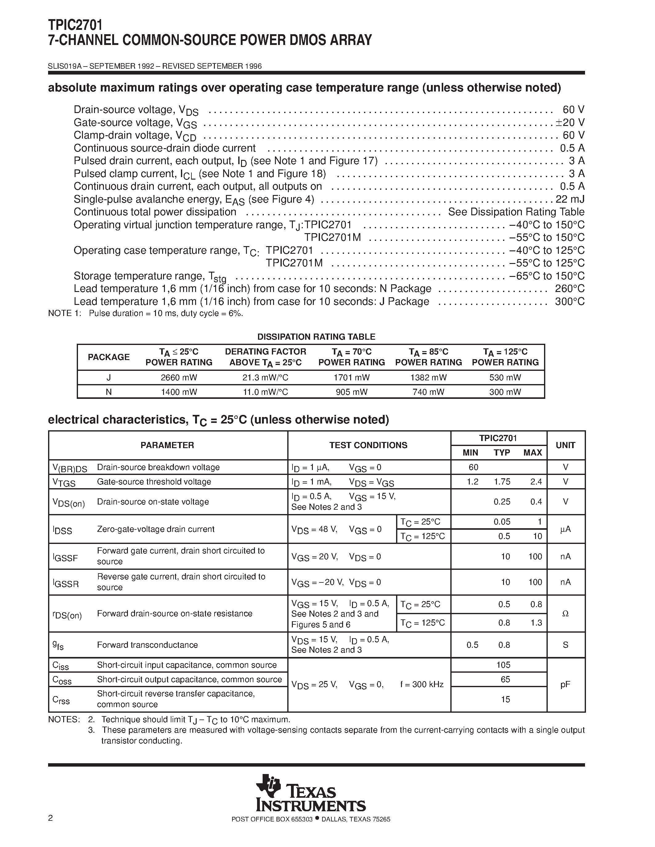 Даташит на микросхему TPIC2701N страница 2 Даташит TPIC2701N - 7-CHANNEL COMMON-SOURCE POWER DMOS ARRAY страница 2
