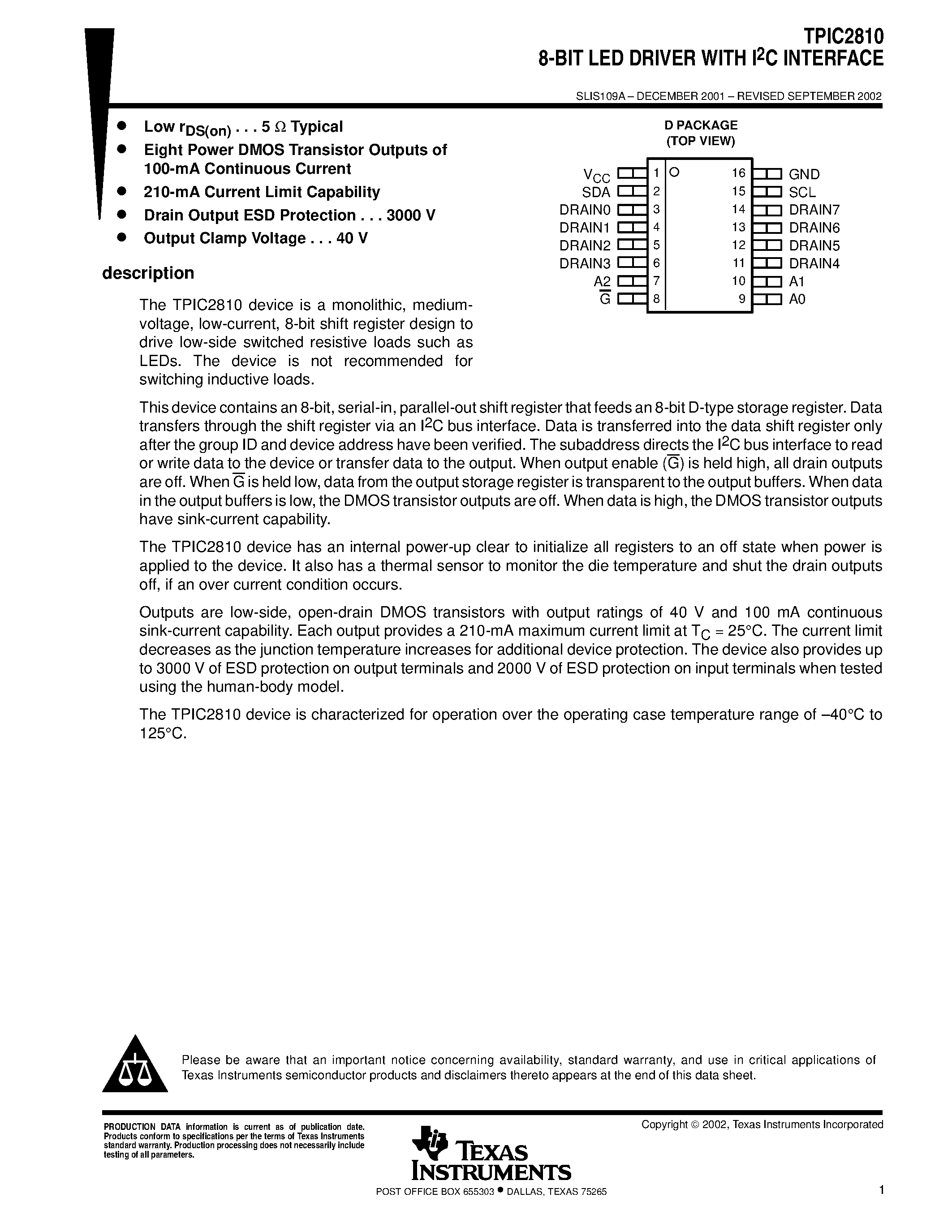 Datasheet TPIC2810 - 8-BIT LED DRIVER WITH I2C INTERFACE page 1