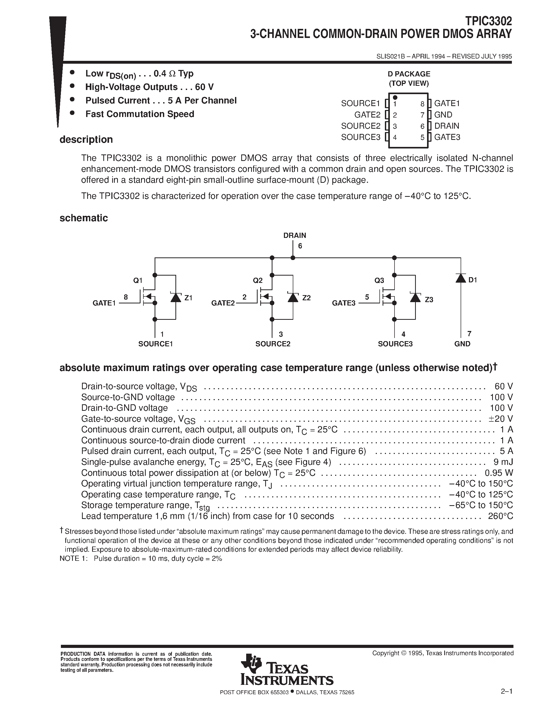 Datasheet TPIC3302 page 1 Datasheet TPIC3302 - 3-CHANNEL COMMON-DRAIN POWER DMOS ARRAY page 1