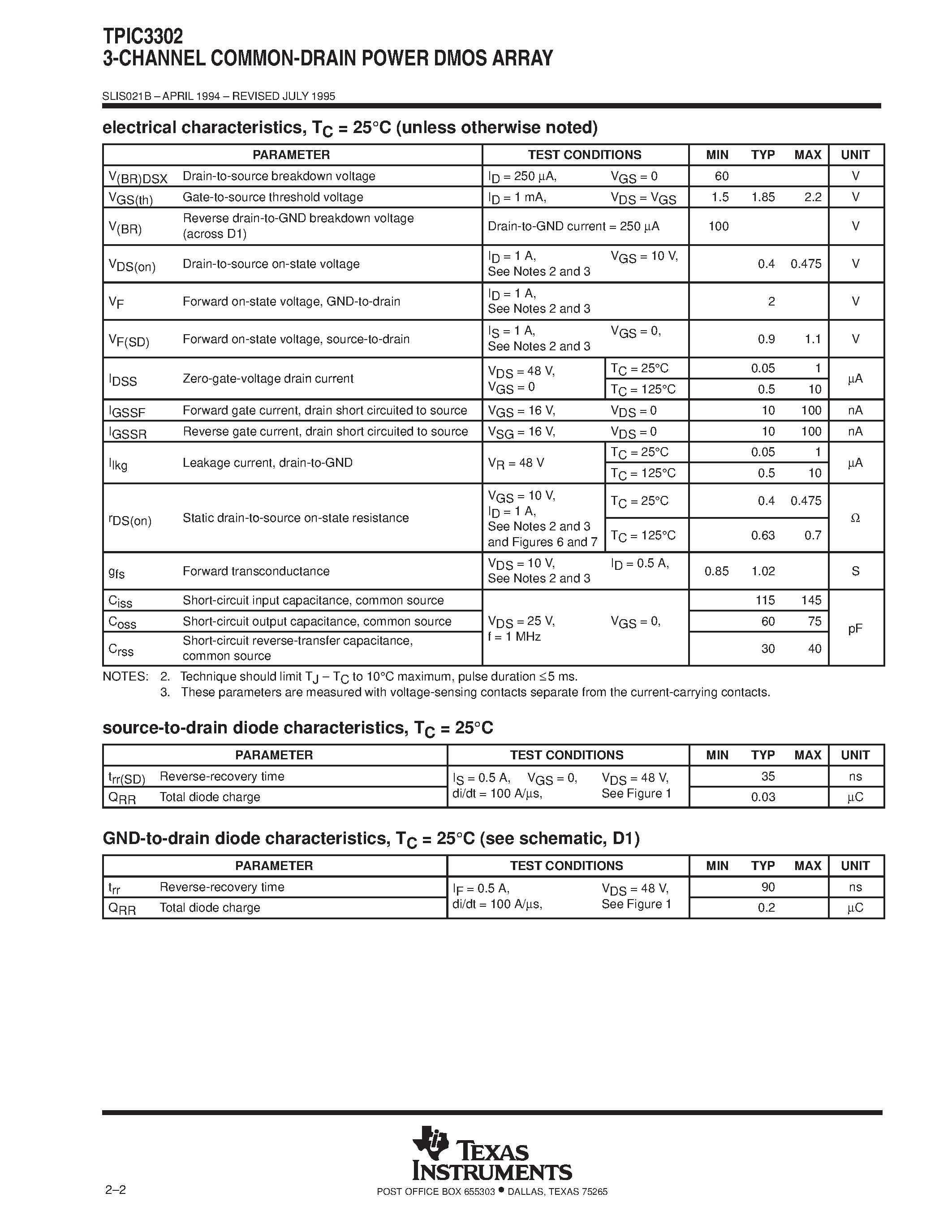 Datasheet TPIC3302 page 2 Datasheet TPIC3302 - 3-CHANNEL COMMON-DRAIN POWER DMOS ARRAY page 2