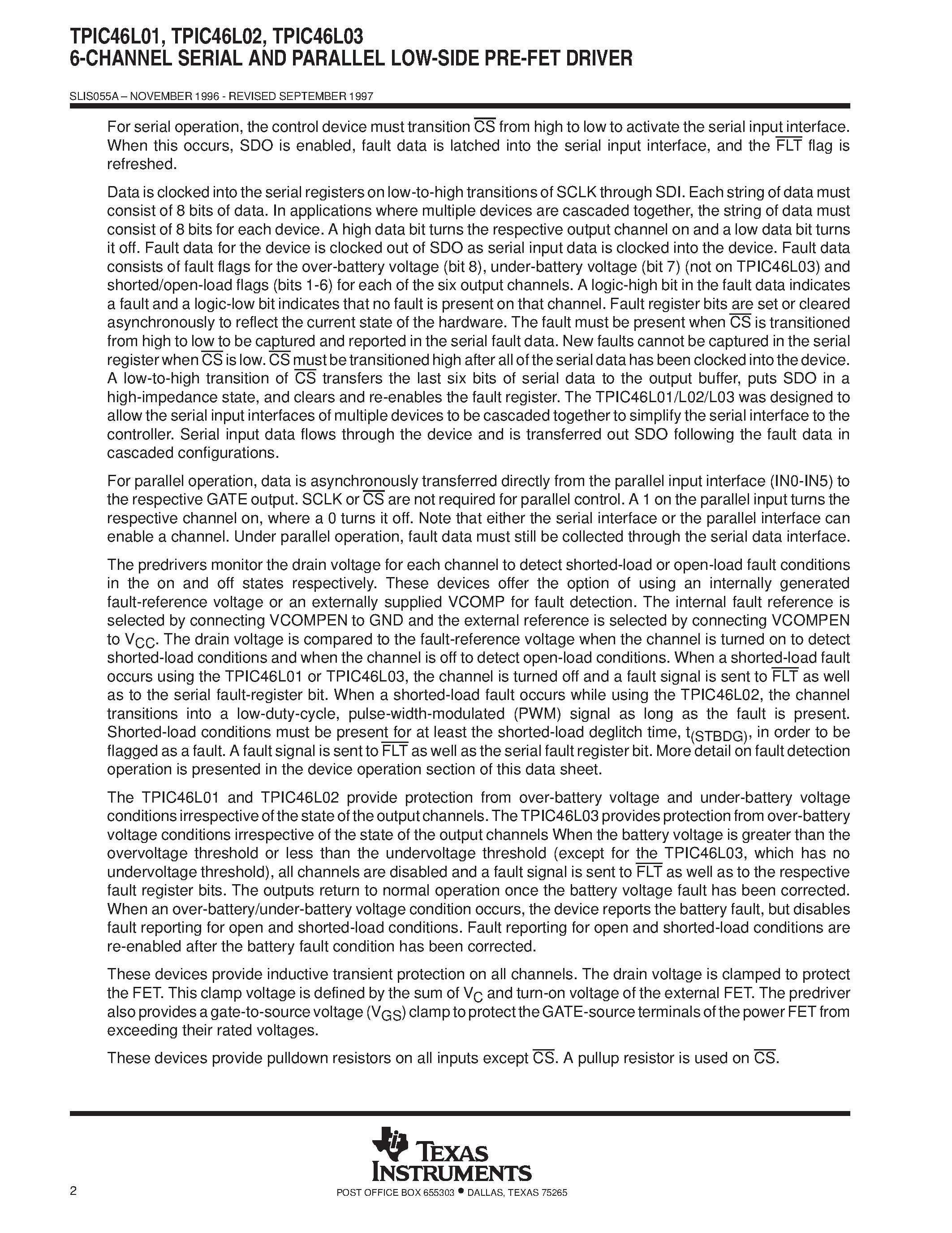 Datasheet TPIC46L03 page 2 Datasheet TPIC46L03 - 6-CHANNEL SERIAL AND PARALLEL LOW-SIDE PRE-FET DRIVER page 2