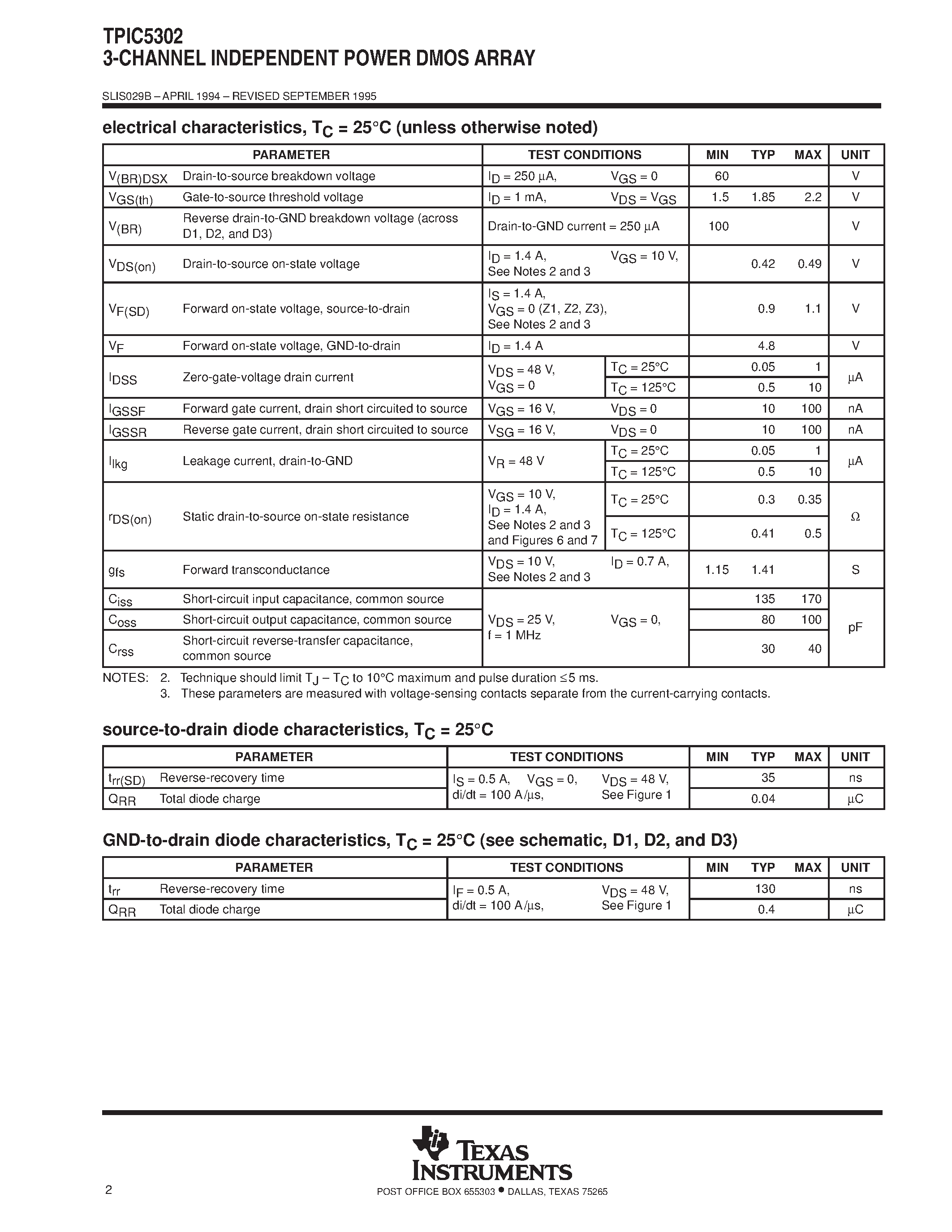 Datasheet TPIC5302 - 3-CHANNEL INDEPENDENT POWER DMOS ARRAY page 2
