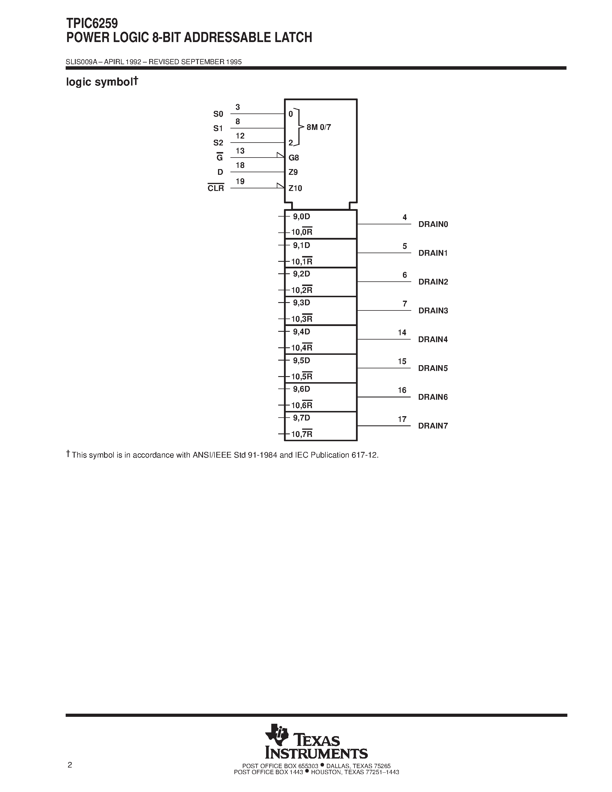 Datasheet TPIC6259 page 2 Datasheet TPIC6259 - POWER LOGIC 8-BIT ADDRESSABLE LATCH page 2