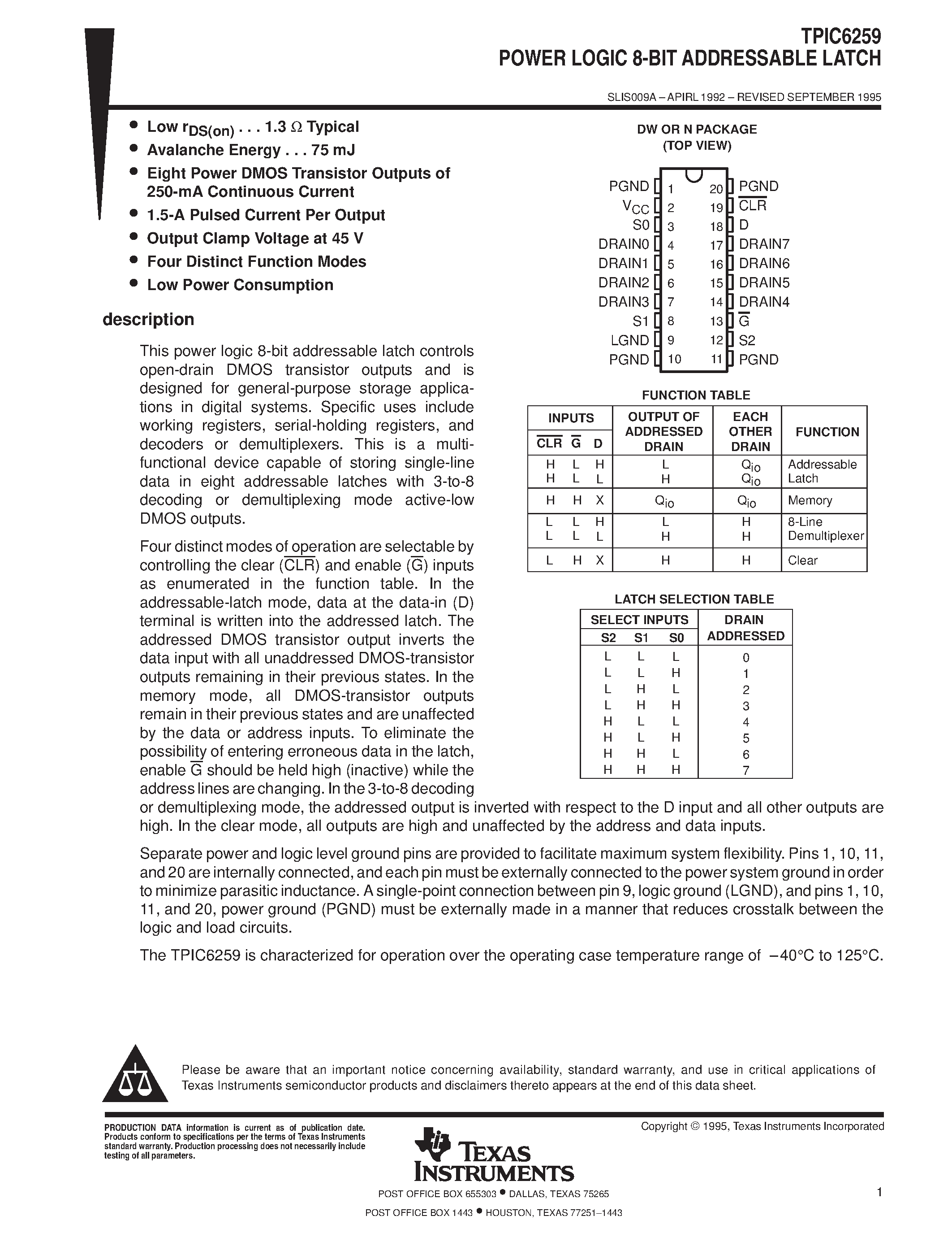 Datasheet TPIC6259DW page 1 Datasheet TPIC6259DW - POWER LOGIC 8-BIT ADDRESSABLE LATCH page 1