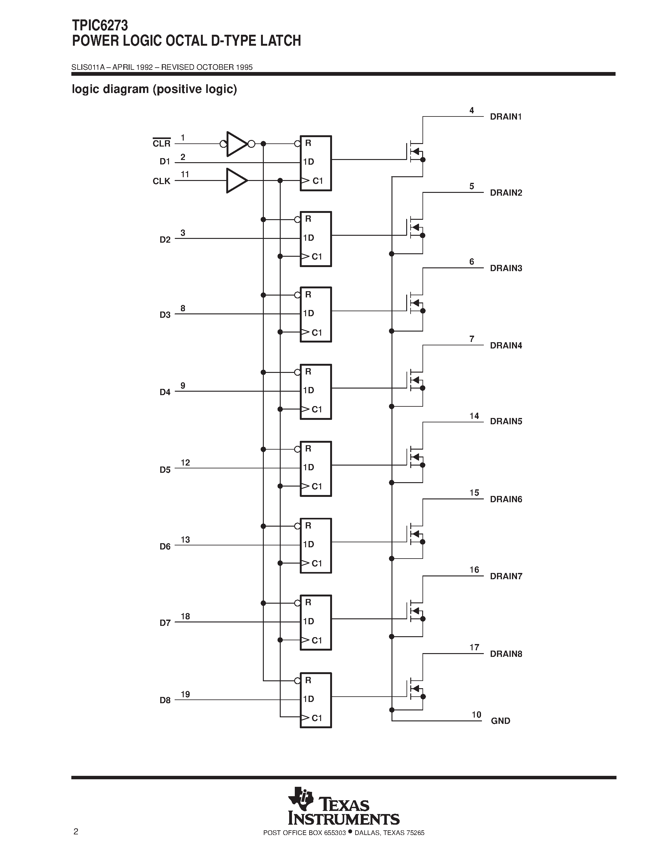 Даташит на микросхему TPIC6273 страница 2 Даташит TPIC6273 - POWER LOGIC OCTAL D-TYPE LATCH страница 2