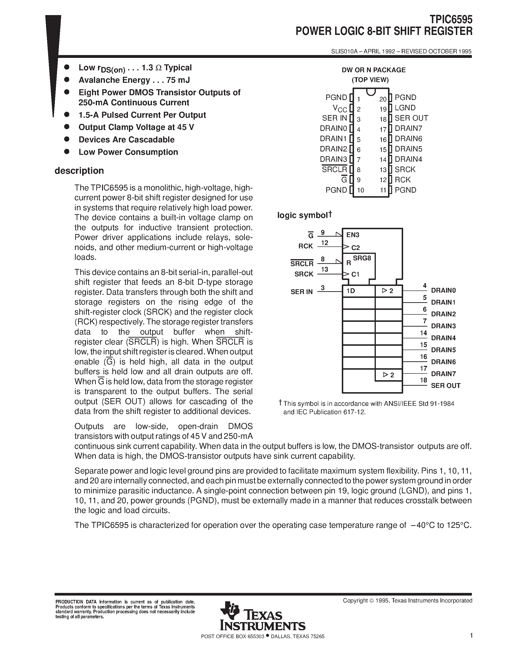 Datasheet TPIC6595N - POWER LOGIC 8-BIT SHIFT REGISTER page 1