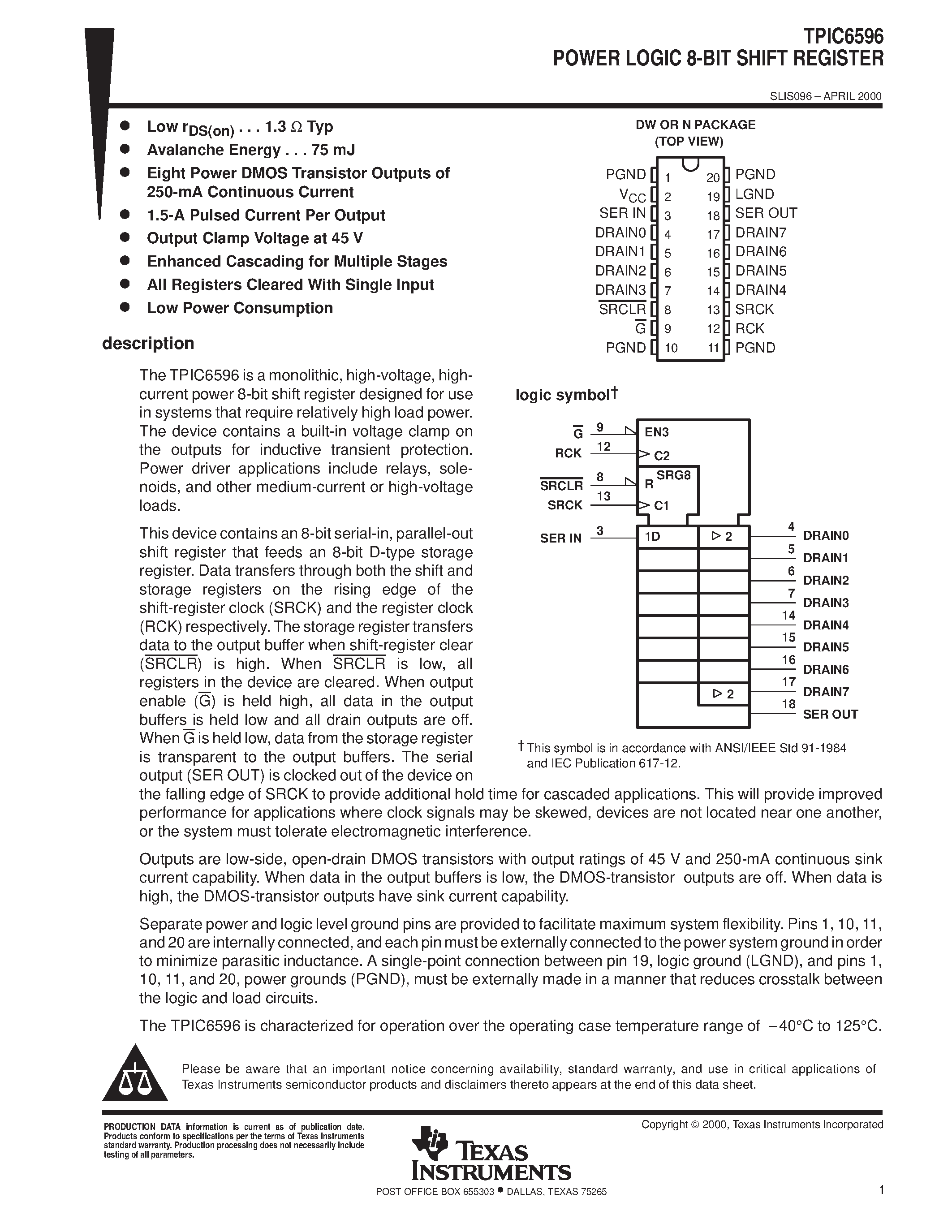 Даташит TPIC6596 - POWER LOGIC 8-BIT SHIFT REGISTER страница 1