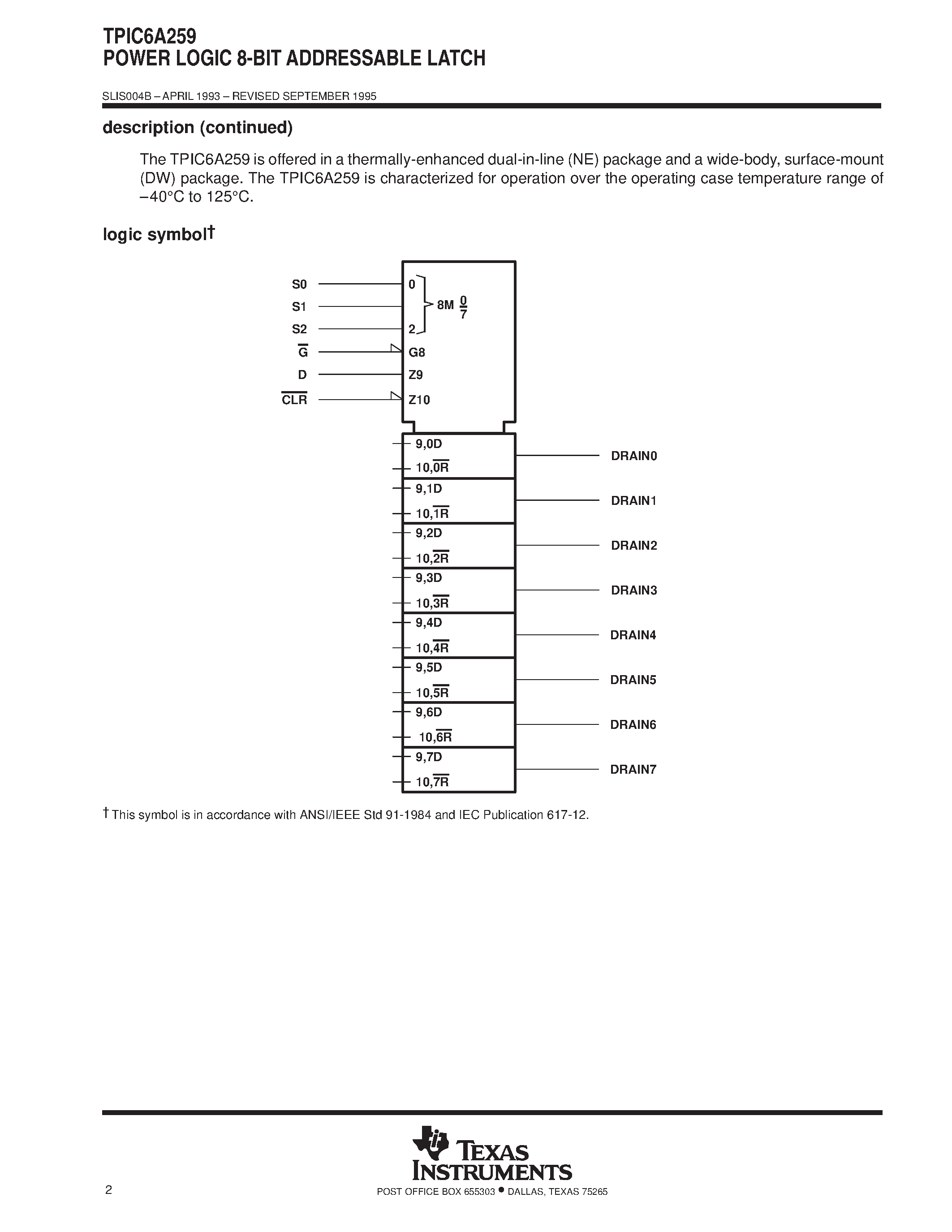 Даташит на микросхему TPIC6A259 страница 2 Даташит TPIC6A259 - POWER LOGIC 8-BIT ADDRESSABLE LATCH страница 2
