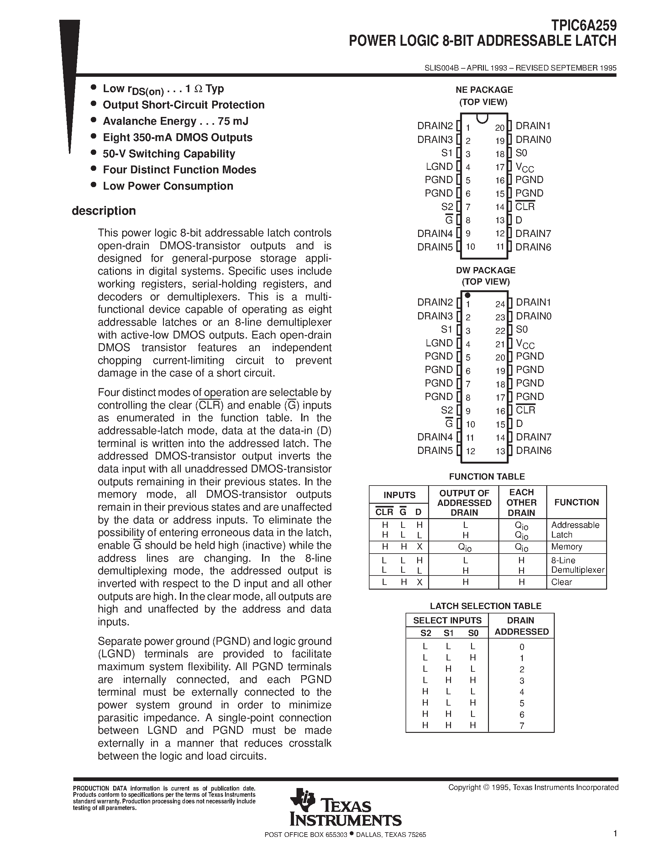 Datasheet TPIC6A259DW - POWER LOGIC 8-BIT ADDRESSABLE LATCH page 1