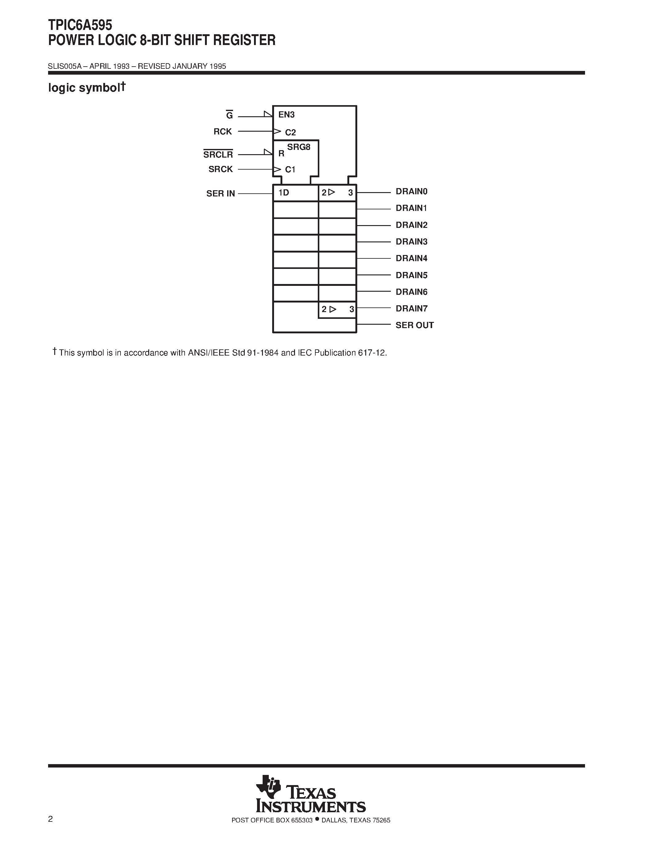 Datasheet TPIC6A595 page 2 Datasheet TPIC6A595 - POWER LOGIC 8-BIT SHIFT REGISTER page 2