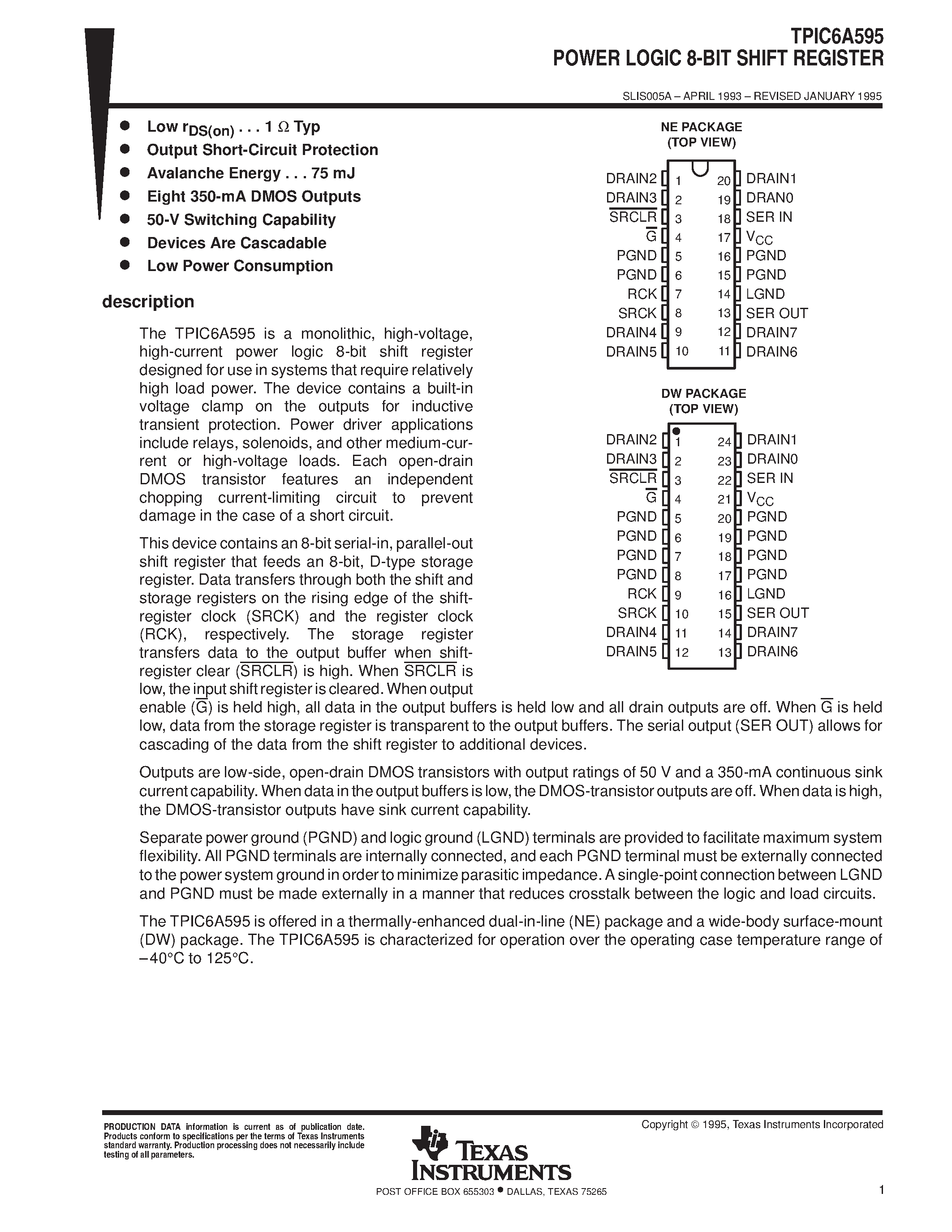 Datasheet TPIC6A595NE - POWER LOGIC 8-BIT SHIFT REGISTER page 1