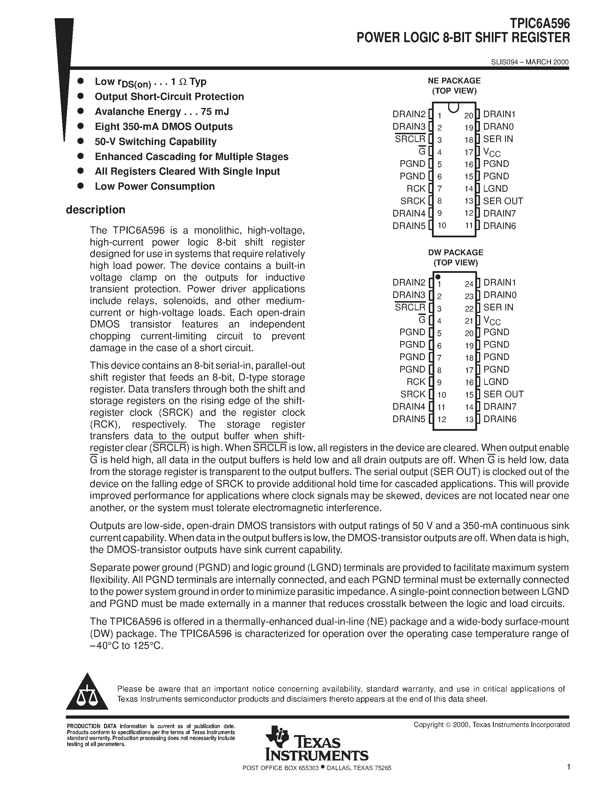 Datasheet TPIC6A596DW - POWER LOGIC 8-BIT SHIFT REGISTER page 1