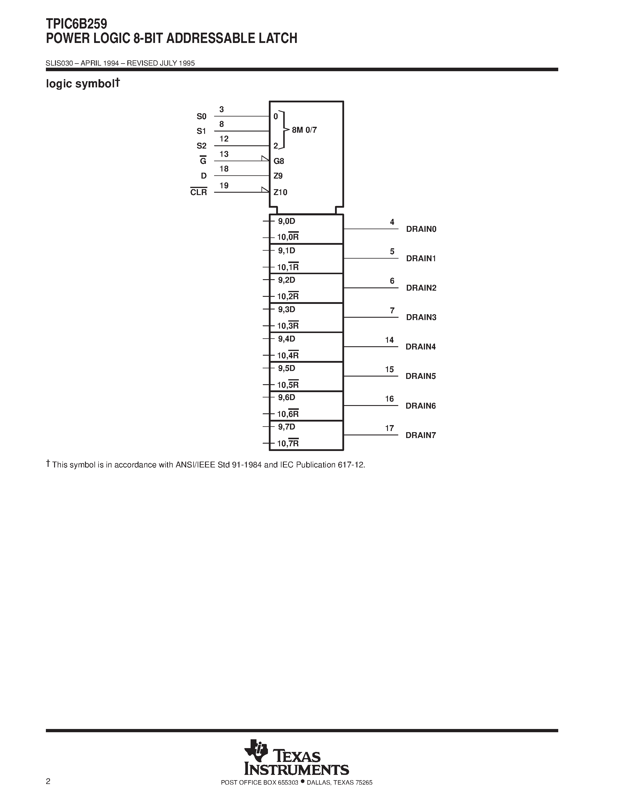 Даташит на микросхему TPIC6B259 страница 2 Даташит TPIC6B259 - POWER LOGIC 8-BIT ADDRESSABLE LATCH страница 2