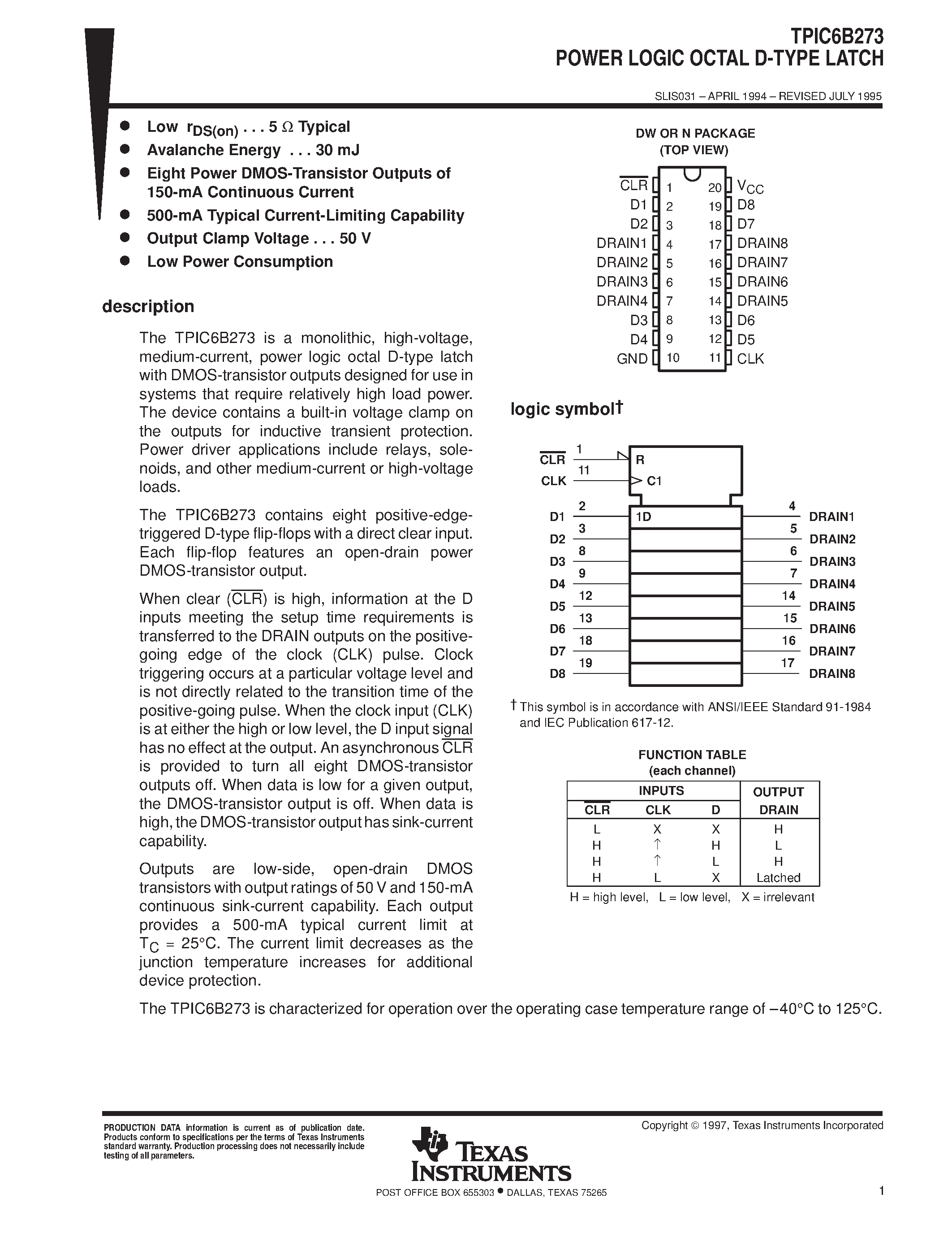 Datasheet TPIC6B273 - POWER LOGIC OCTAL D-TYPE LATCH page 1