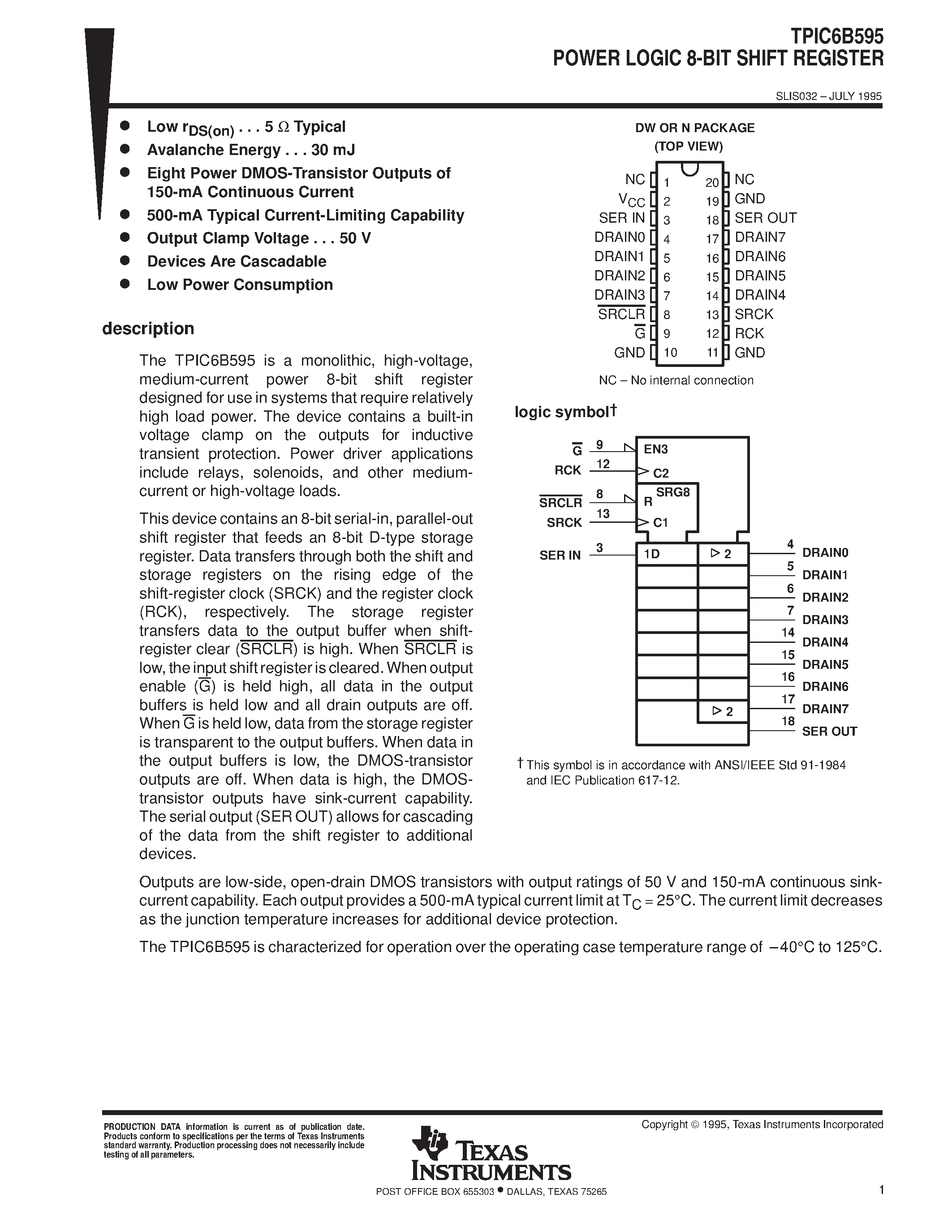 Datasheet TPIC6B595N - POWER LOGIC 8-BIT SHIFT REGISTER page 1