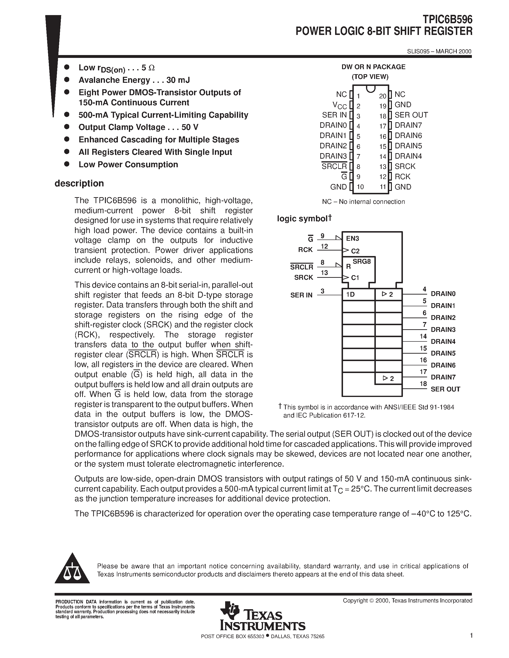 Datasheet TPIC6B596N - POWER LOGIC 8-BIT SHIFT REGISTER page 1