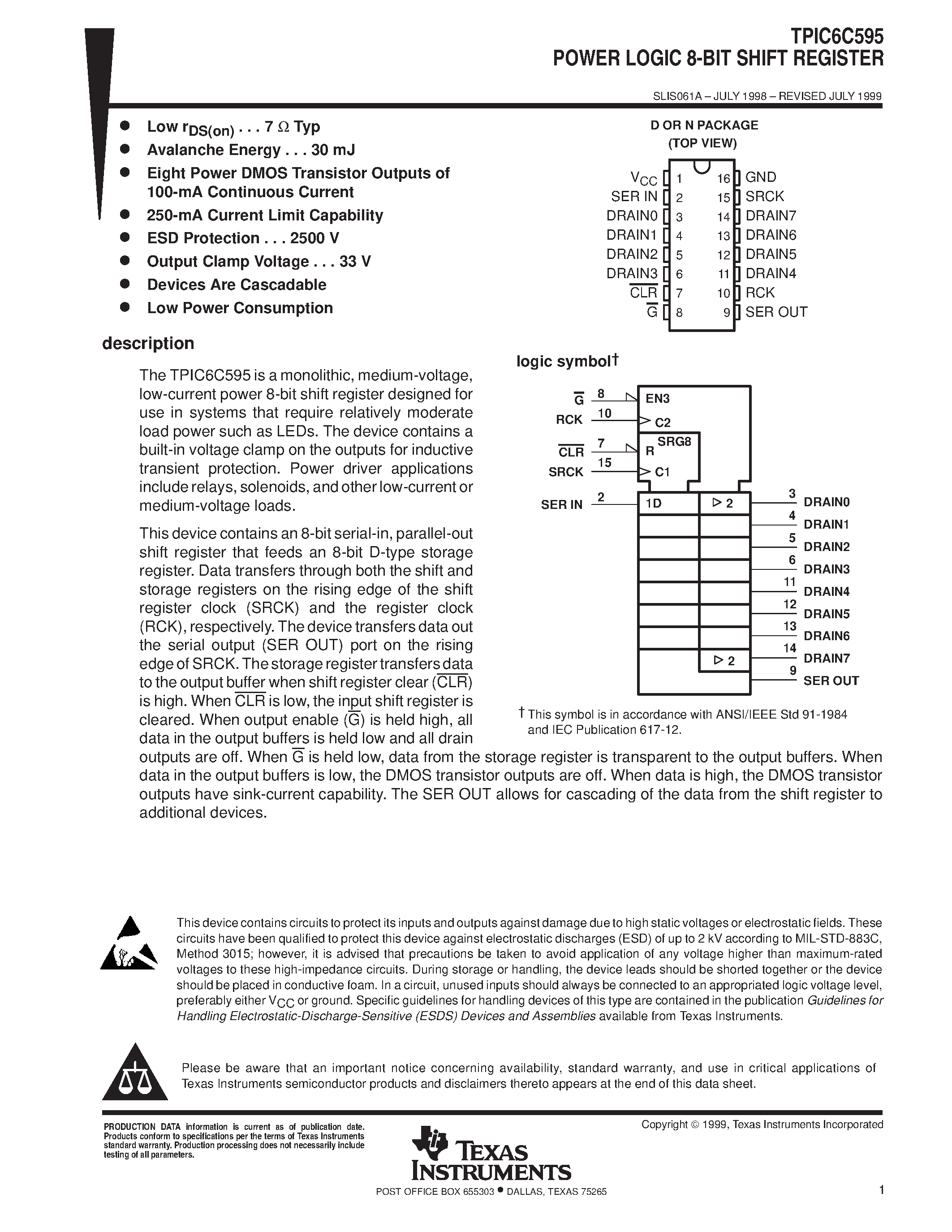 Datasheet TPIC6C595D - POWER LOGIC 8-BIT SHIFT REGISTER page 1