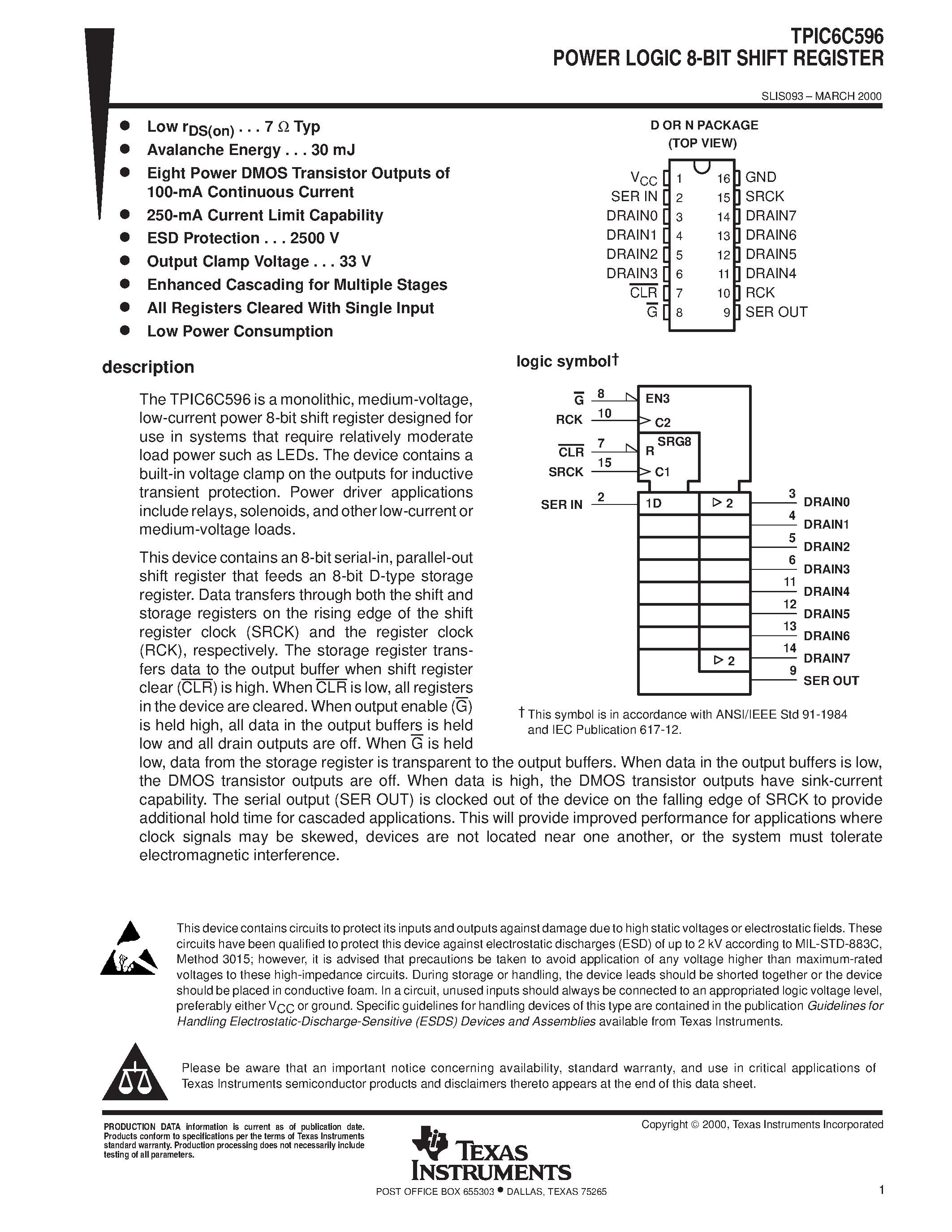 Datasheet TPIC6C596N - POWER LOGIC 8-BIT SHIFT REGISTER page 1