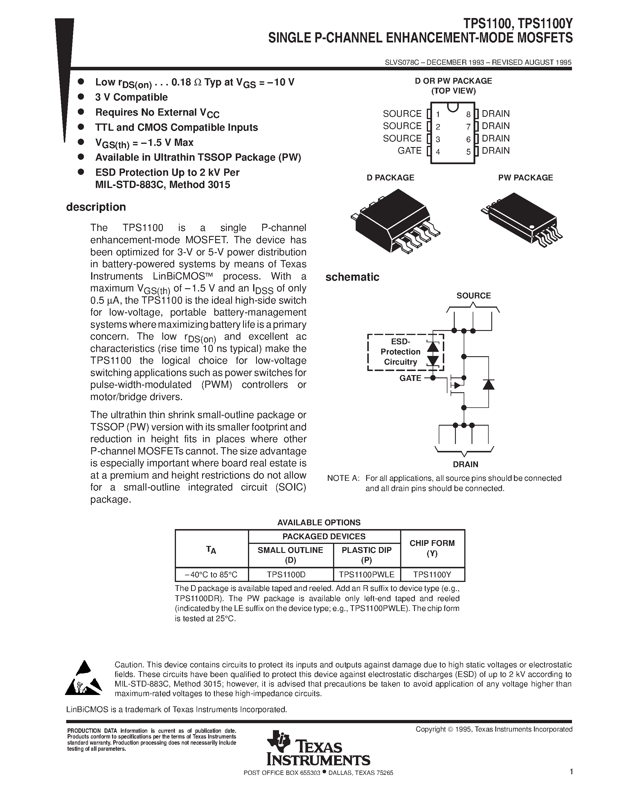 Datasheet TPS1100PW - SINGLE P-CHANNEL ENHANCEMENT-MODE MOSFETS page 1