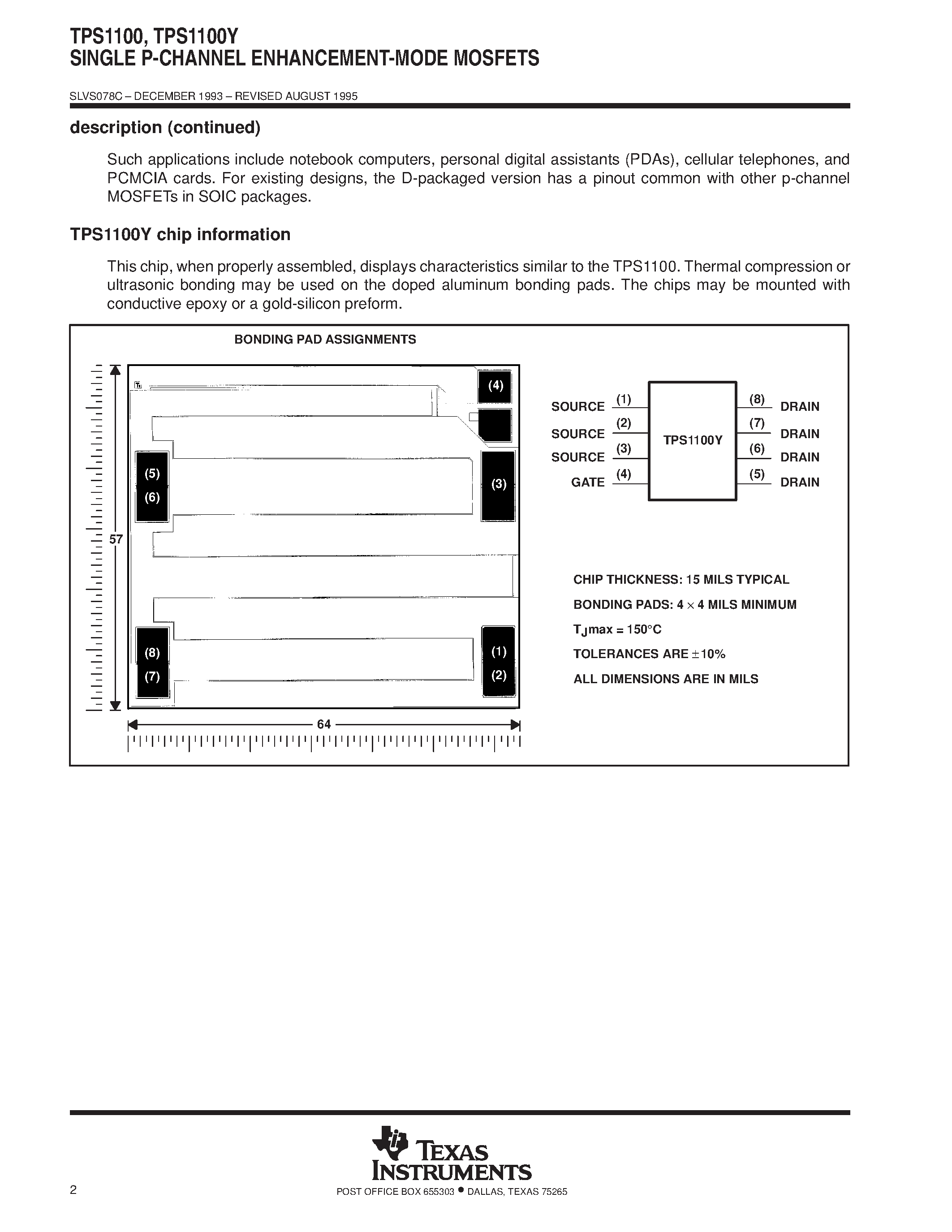 Datasheet TPS1100Y page 2 Datasheet TPS1100Y - SINGLE P-CHANNEL ENHANCEMENT-MODE MOSFETS page 2