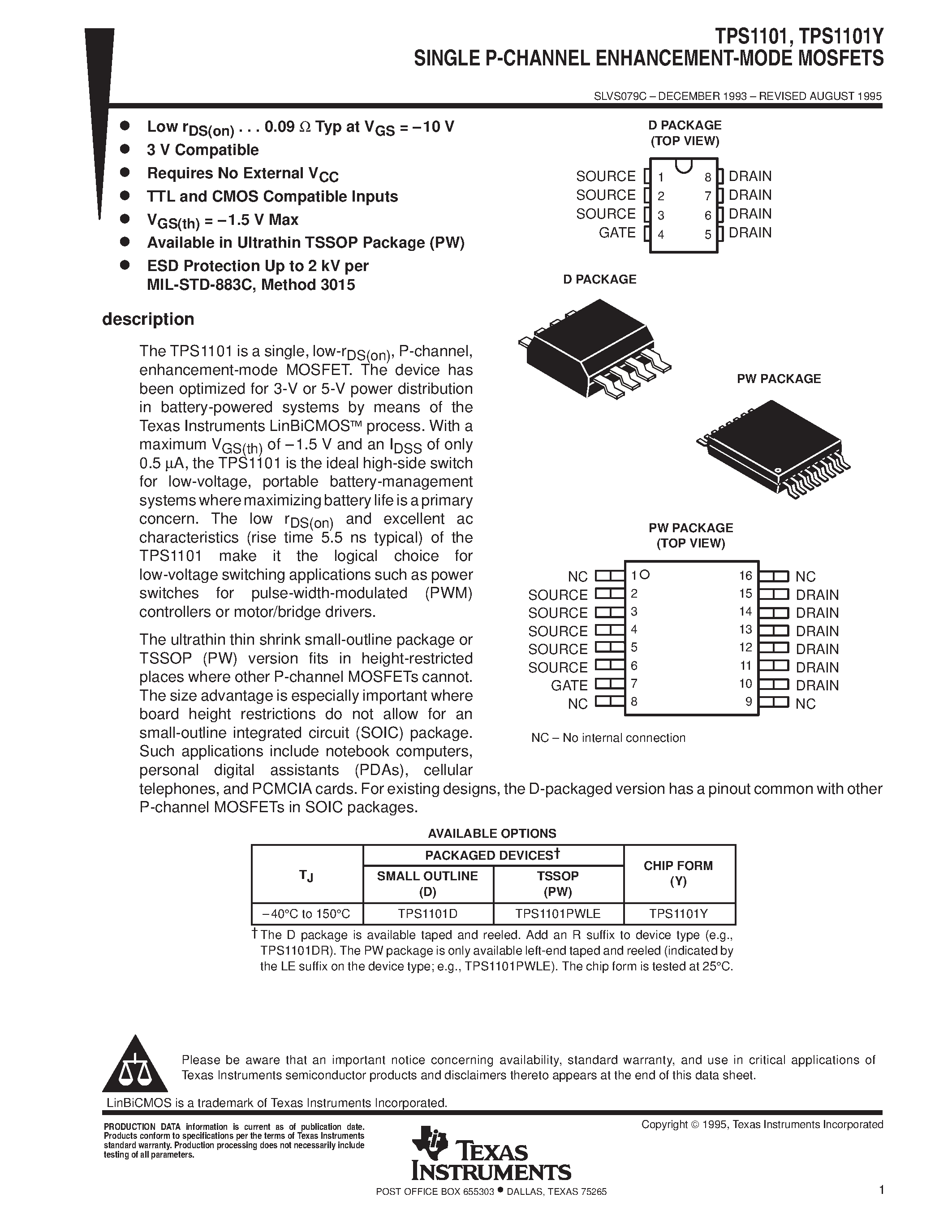 Datasheet TPS1101 - SINGLE P-CHANNEL ENHANCEMENT-MODE MOSFETS page 1
