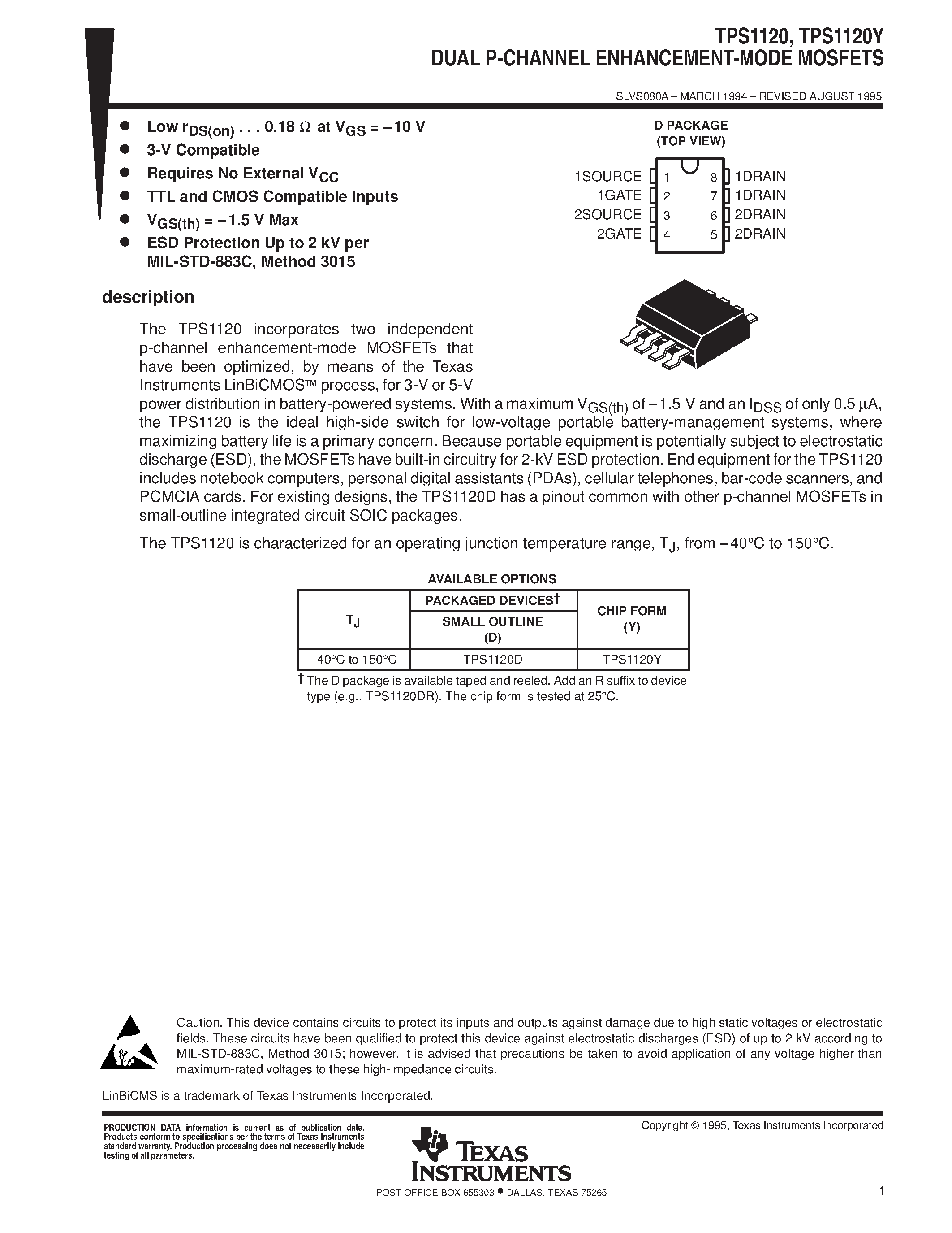 Datasheet TPS1120Y - DUAL P-CHANNEL ENHANCEMENT-MODE MOSFETS page 1