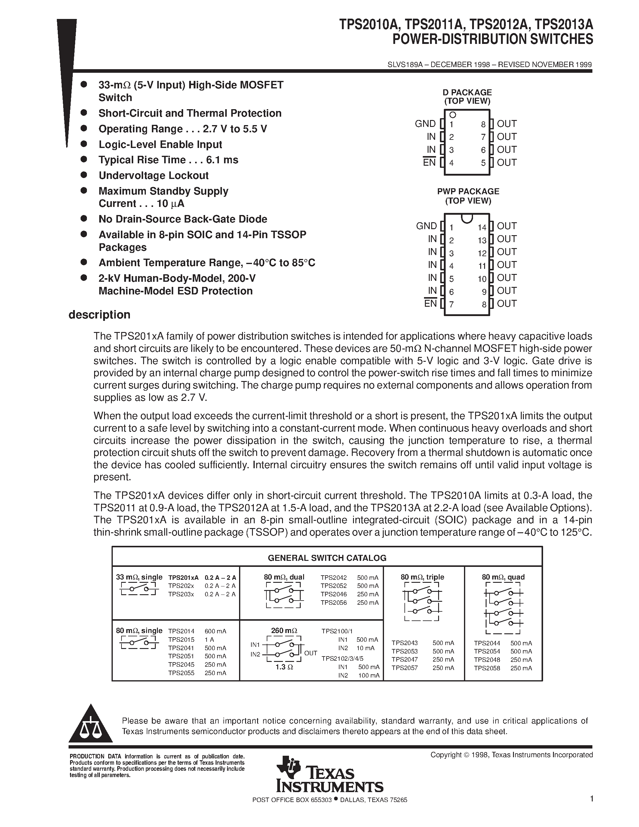 Даташит на микросхему TPS2013AD страница 1 Даташит TPS2013AD - POWER-DISTRIBUTION SWITCHES страница 1