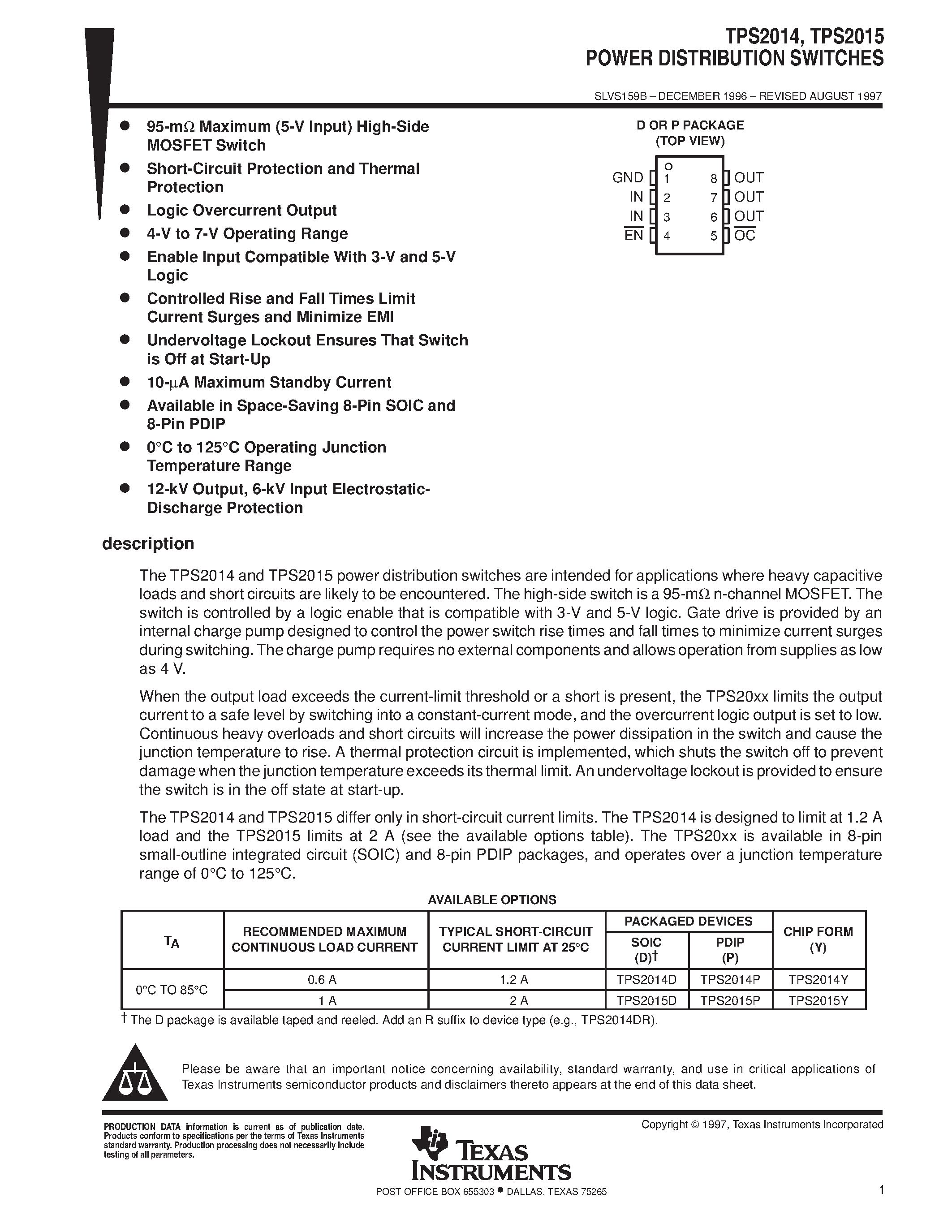 Даташит TPS2014P - POWER DISTRIBUTION SWITCHES страница 1