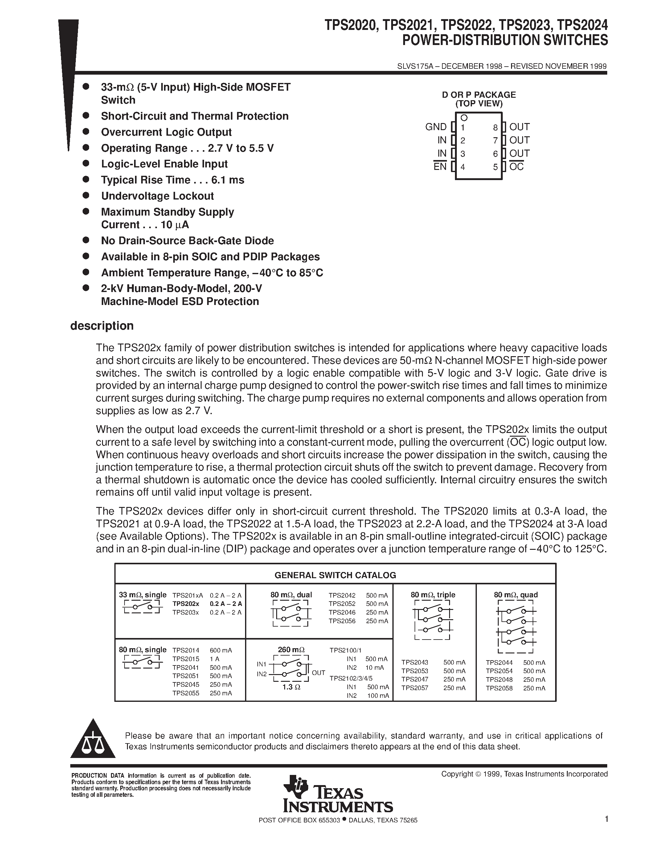Даташит TPS2021P - POWER-DISTRIBUTION SWITCHES страница 1