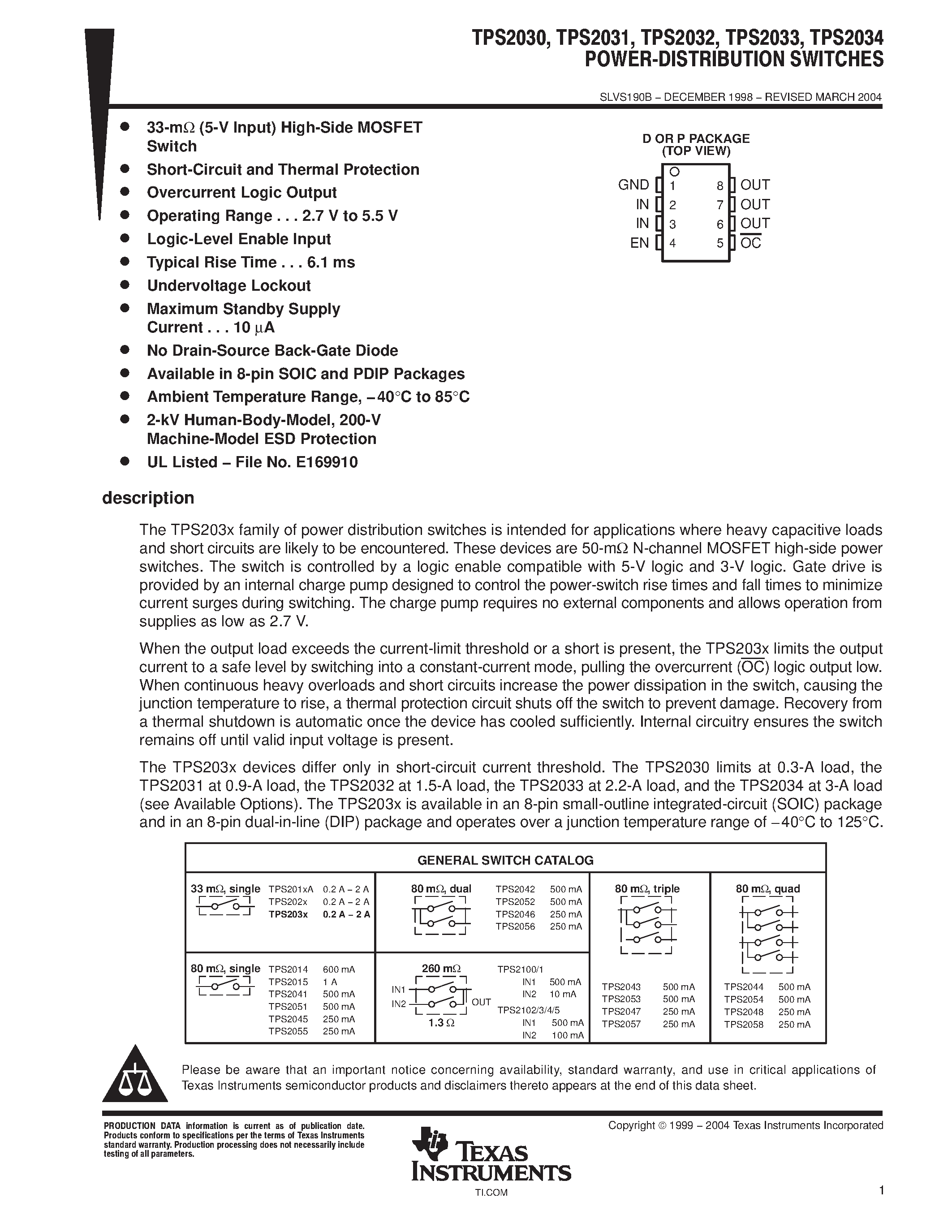 Даташит TPS2030 - POWER-DISTRIBUTION SWITCHES страница 1