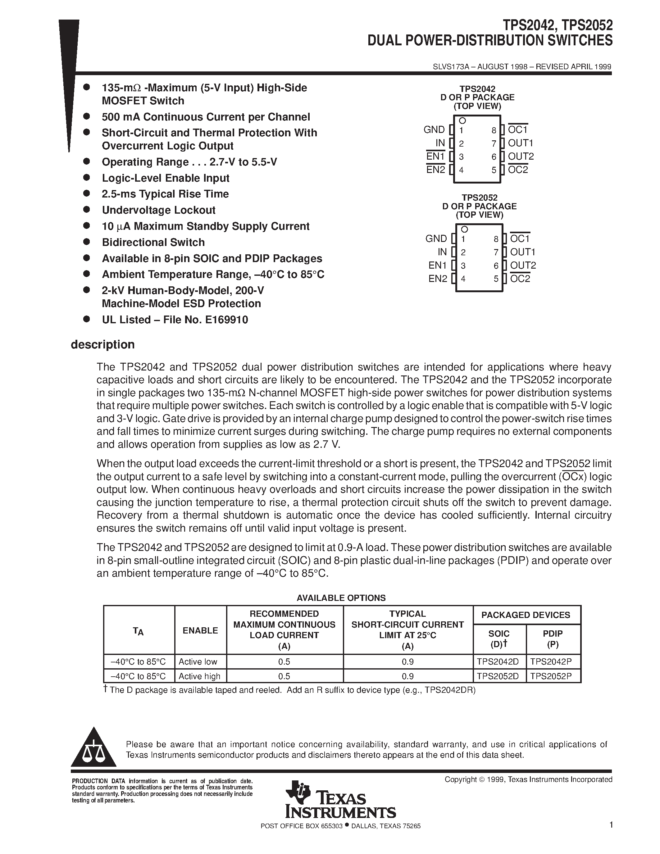 Даташит TPS2042P - DUAL POWER-DISTRIBUTION SWITCHES страница 1