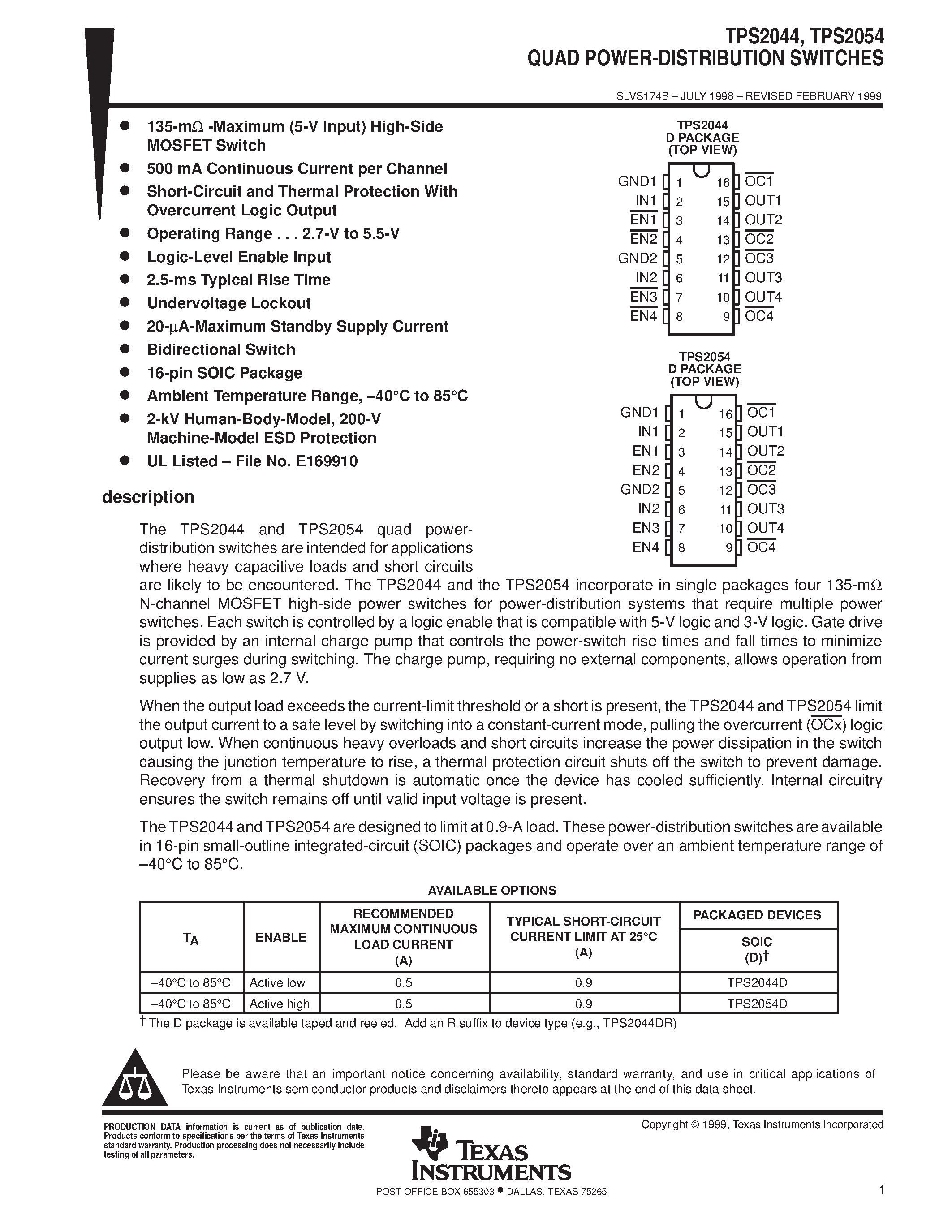 Даташит TPS2044 - QUAD POWER-DISTRIBUTION SWITCHES страница 1