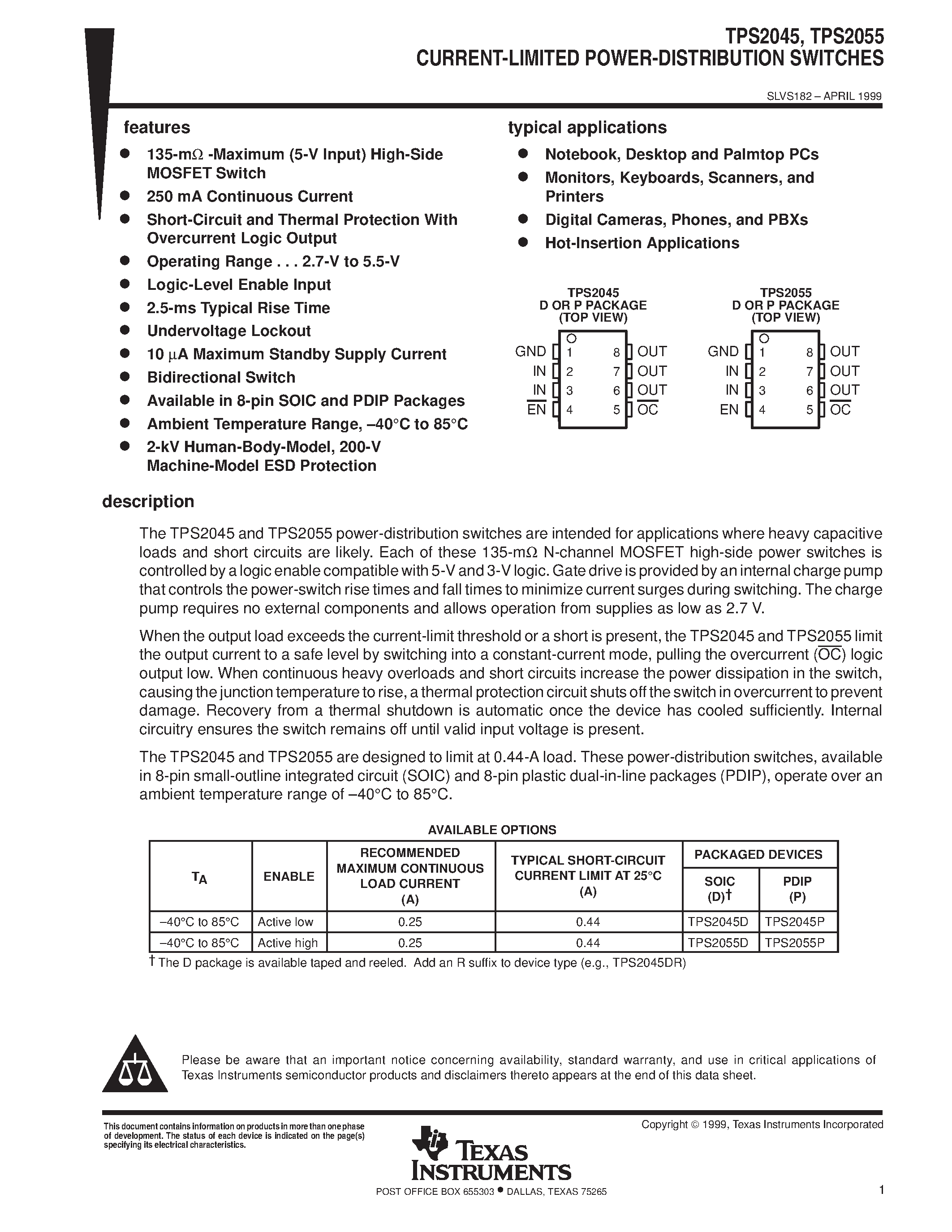 Даташит TPS2045P - CURRENT-LIMITED POWER-DISTRIBUTION SWITCHES страница 1