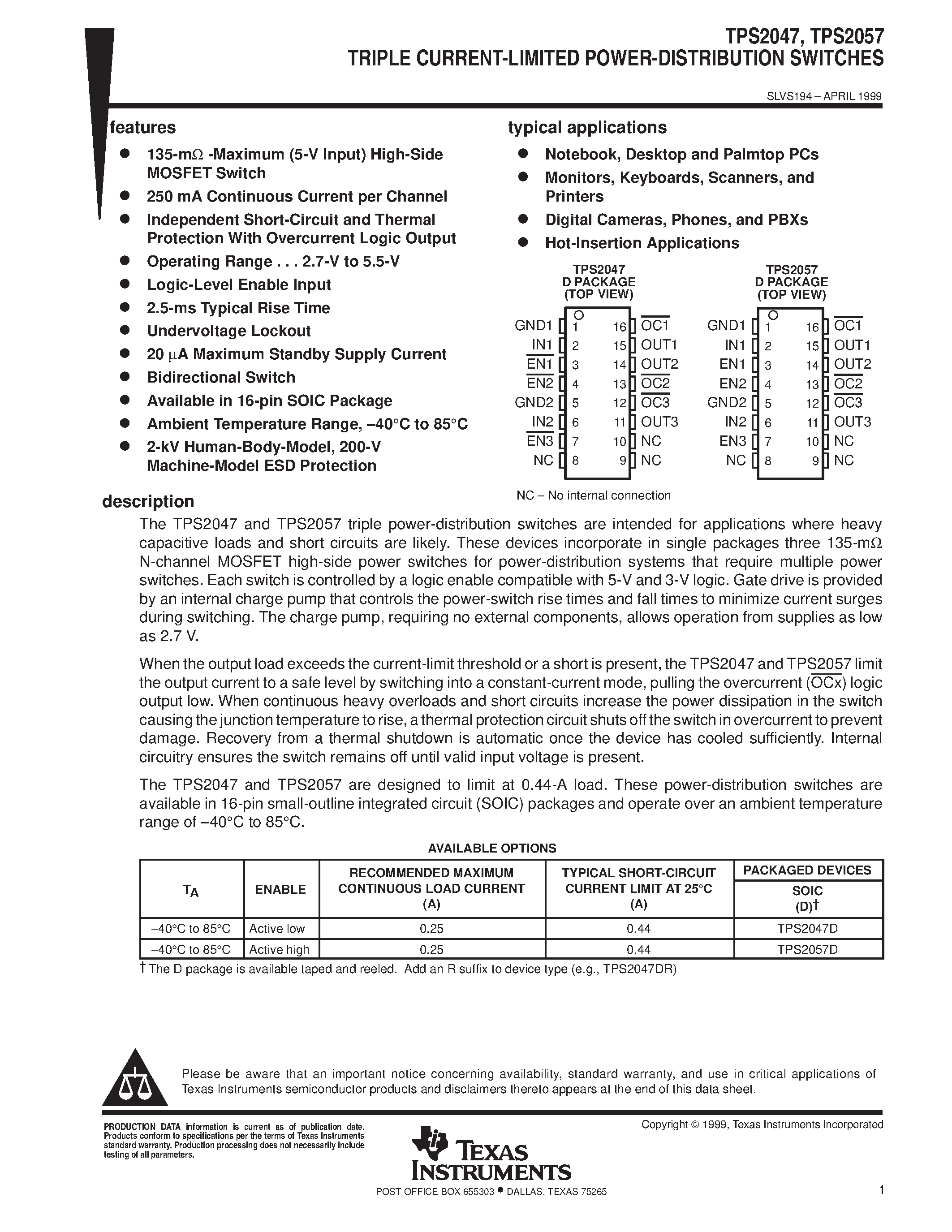Даташит TPS2047D - TRIPLE CURRENT-LIMITED POWER-DISTRIBUTION SWITCHES страница 1