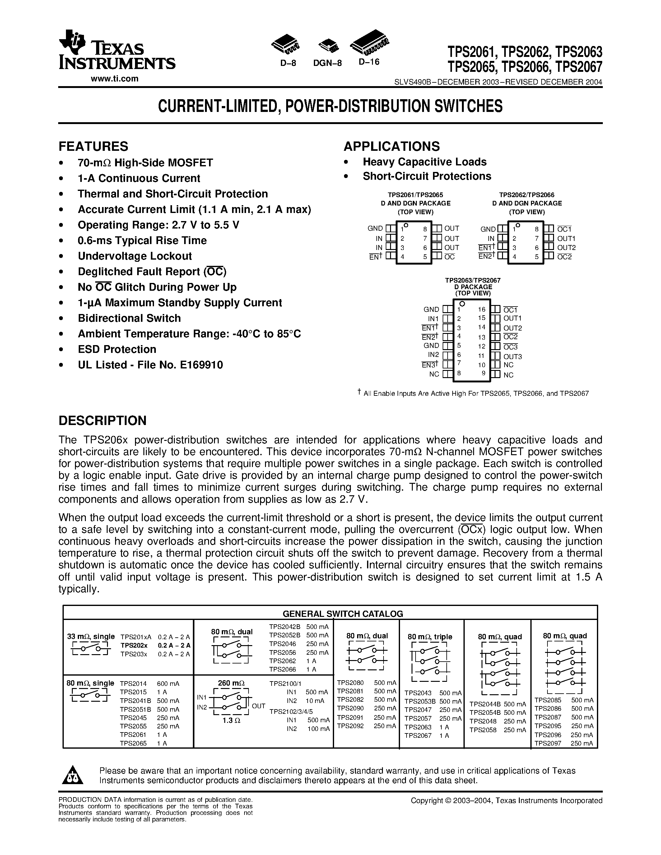 Даташит на микросхему TPS2065 страница 1 Даташит TPS2065 - CURRENT-LIMITED/ POWER-DISTRIBUTION SWITCHES страница 1