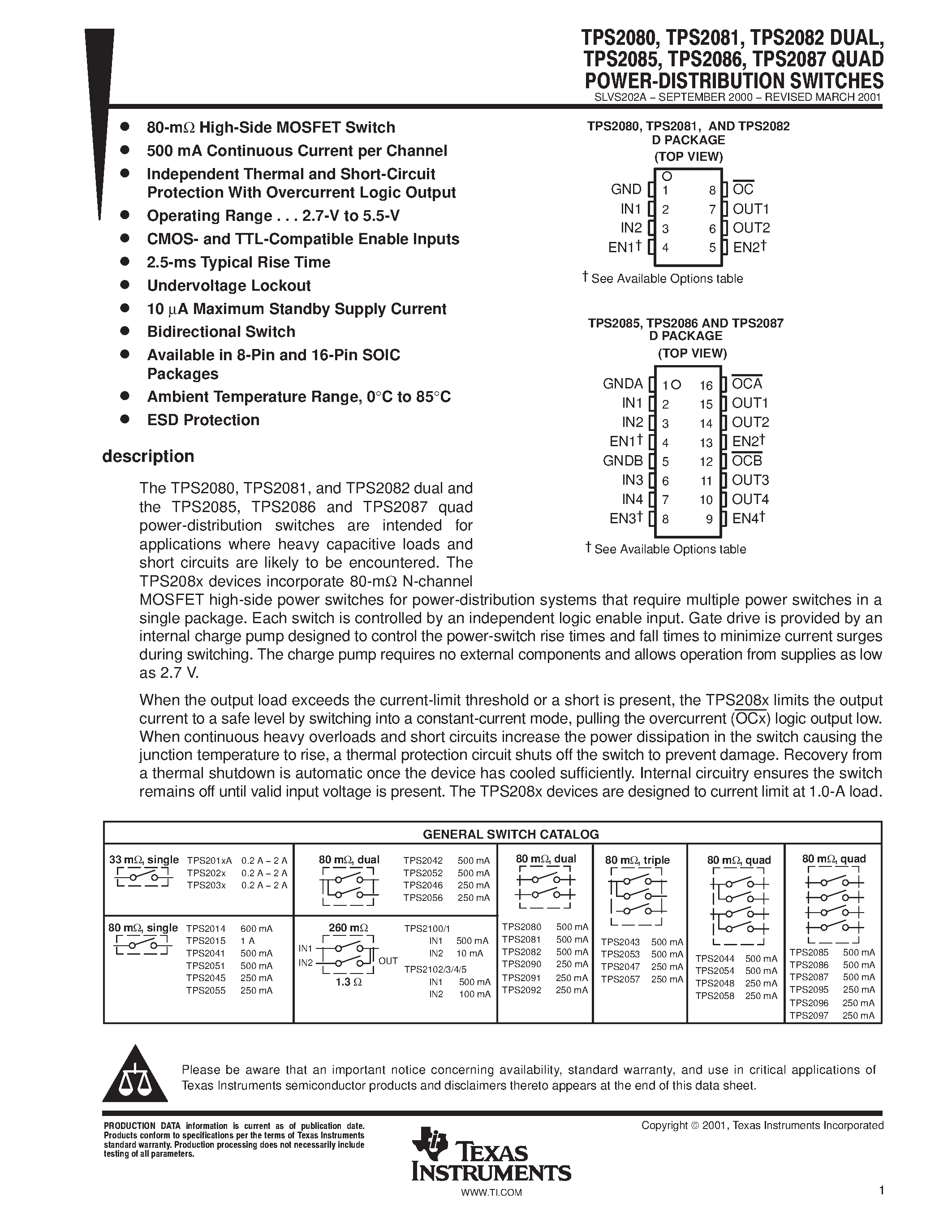 Даташит на микросхему TPS2080 страница 1 Даташит TPS2080 - POWER DISTRIBUTION SWITCHES страница 1