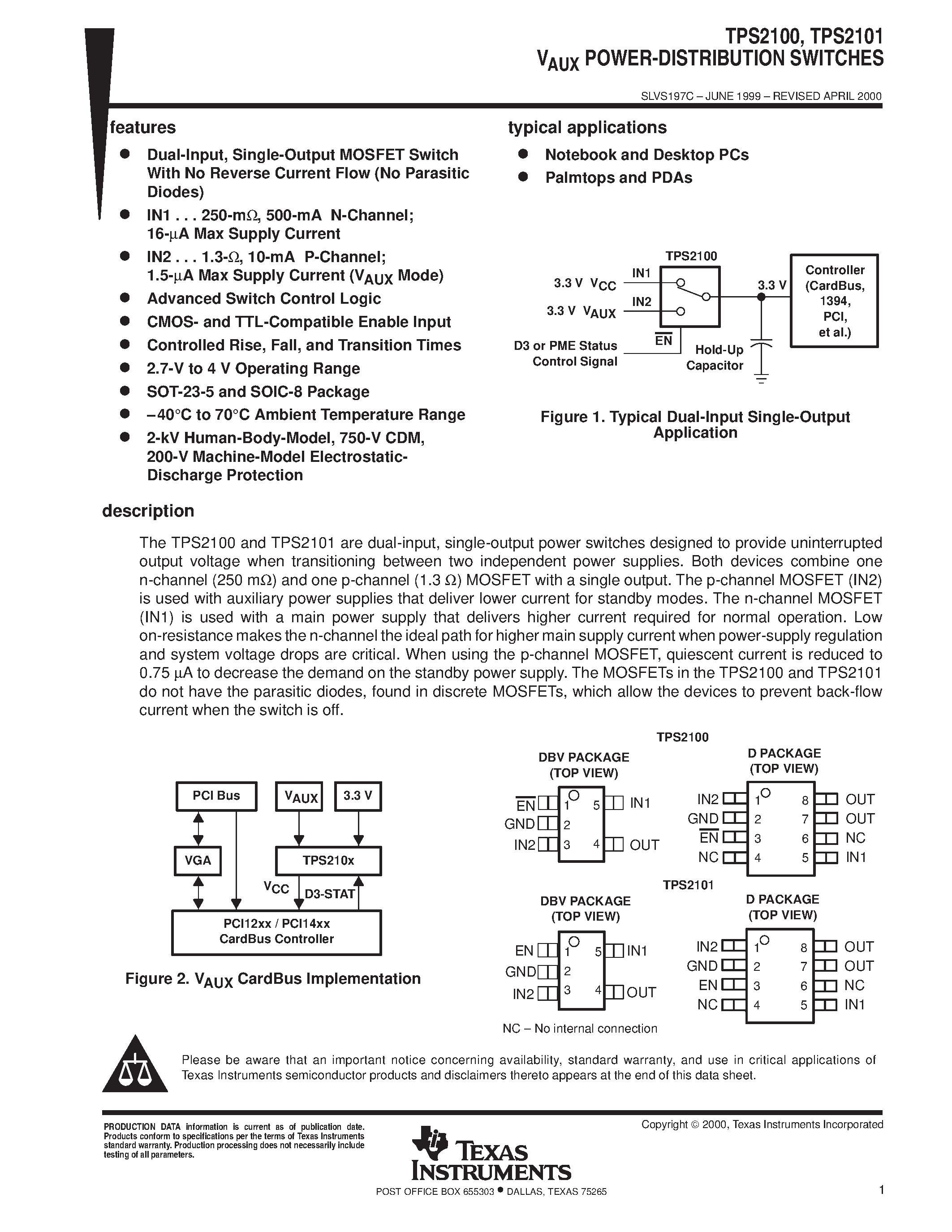 Даташит на микросхему TPS2100 страница 1 Даташит TPS2100 - VAUX POWER-DISTRIBUTION SWITCHES страница 1