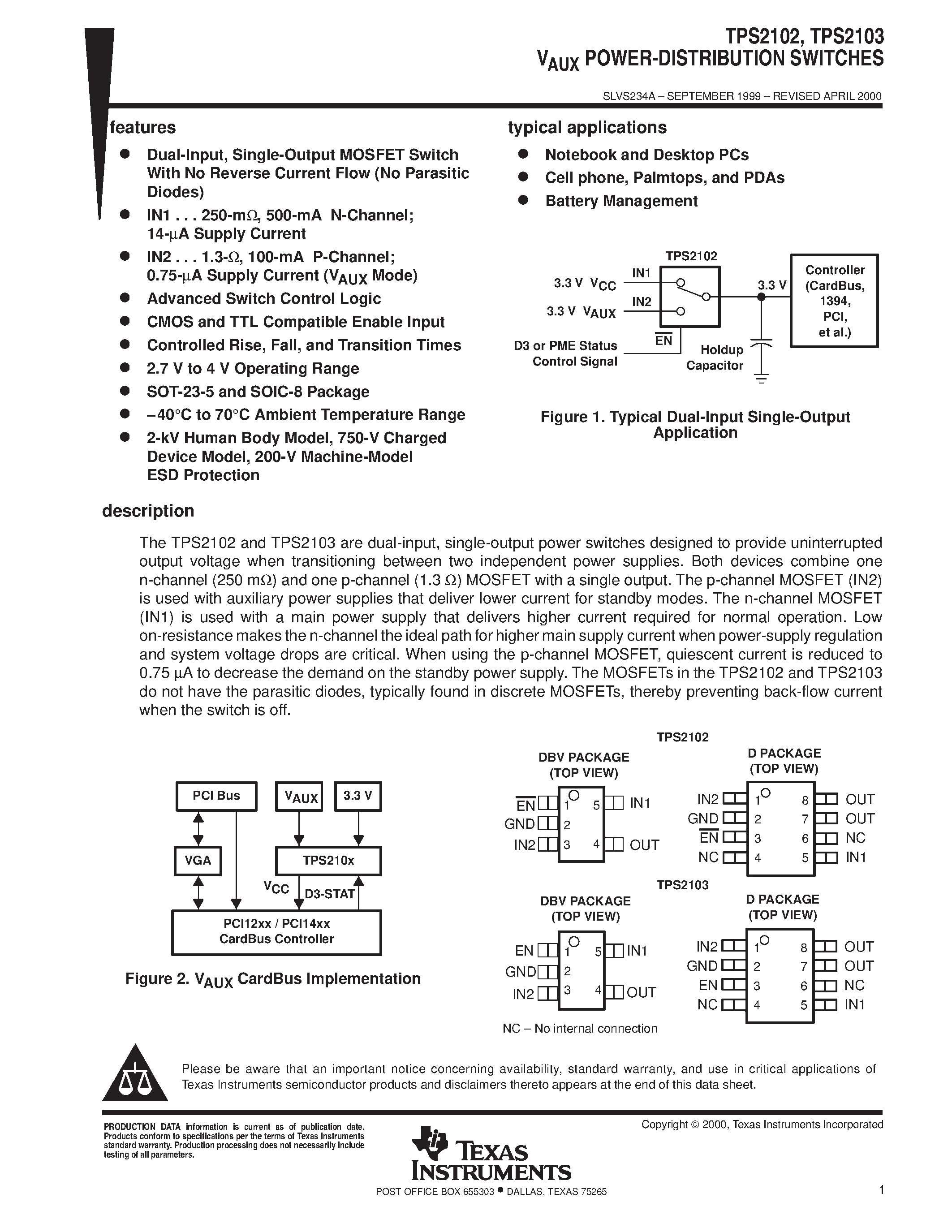 Даташит TPS2102D - VAUX POWER-DISTRIBUTION SWITCHES страница 1