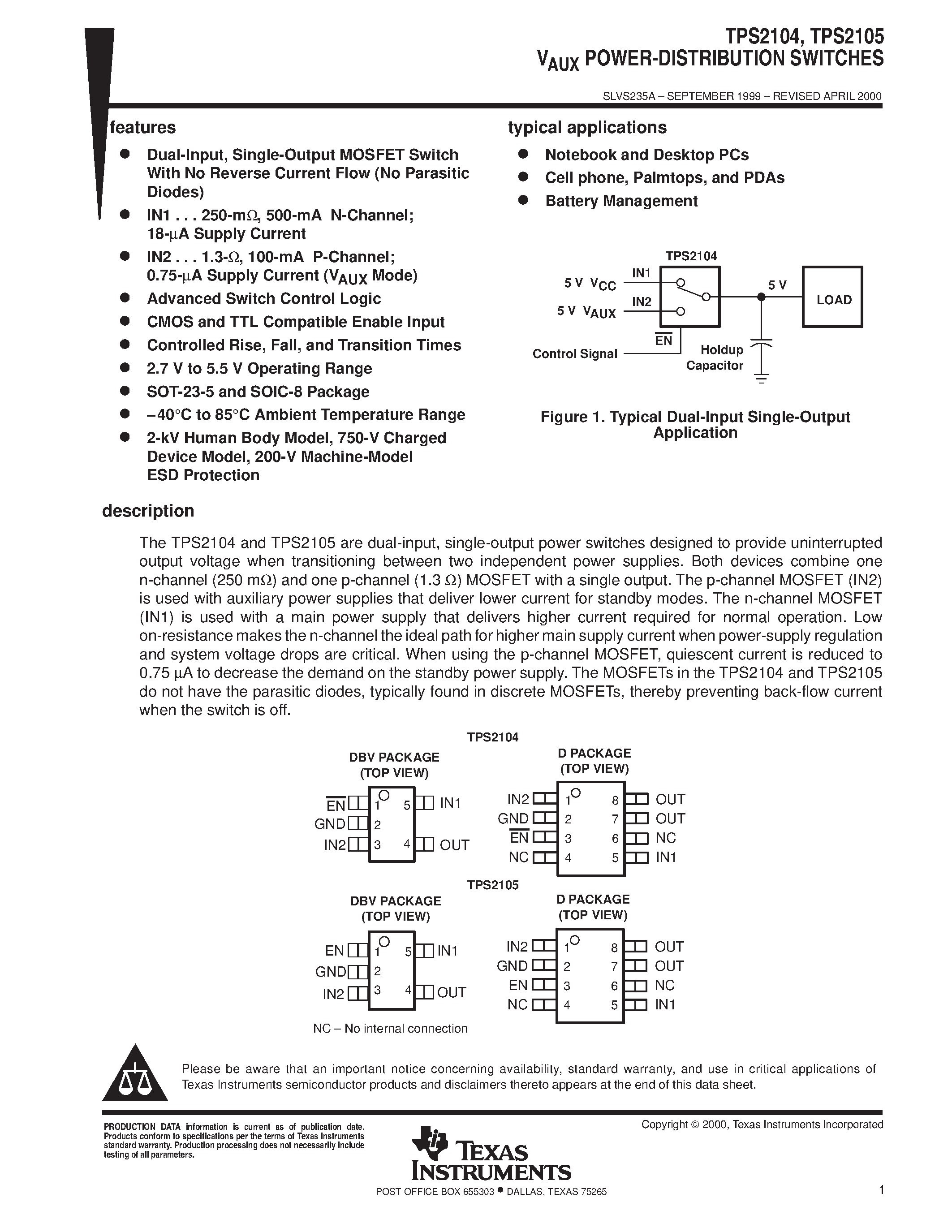 Даташит на микросхему TPS2105D страница 1 Даташит TPS2105D - VAUX POWER-DISTRIBUTION SWITCHES страница 1