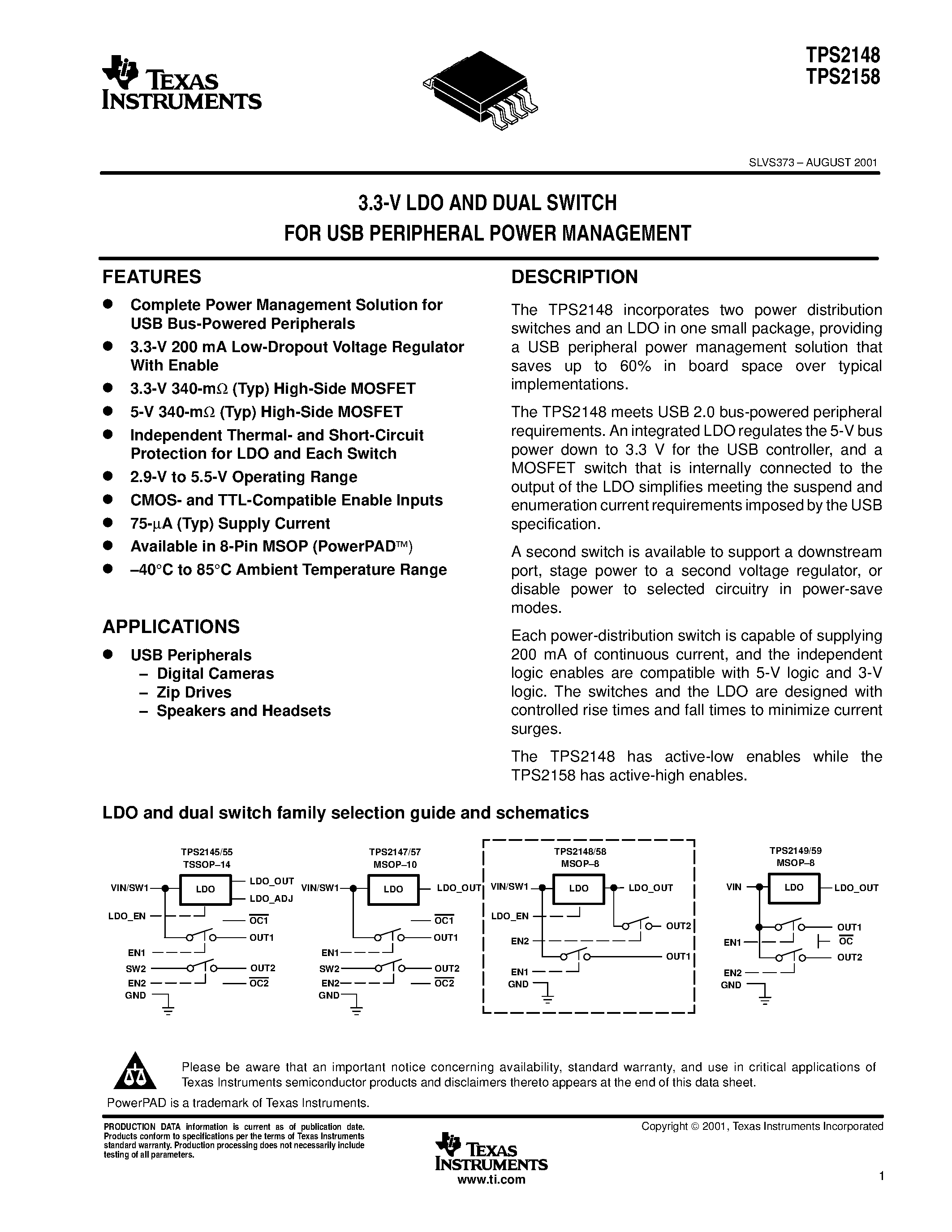 Даташит TPS2148 - 3.3-V LDO AND DUAL SWITCH FOR USB PERIPHERAL POWER MANAGEMENT страница 1