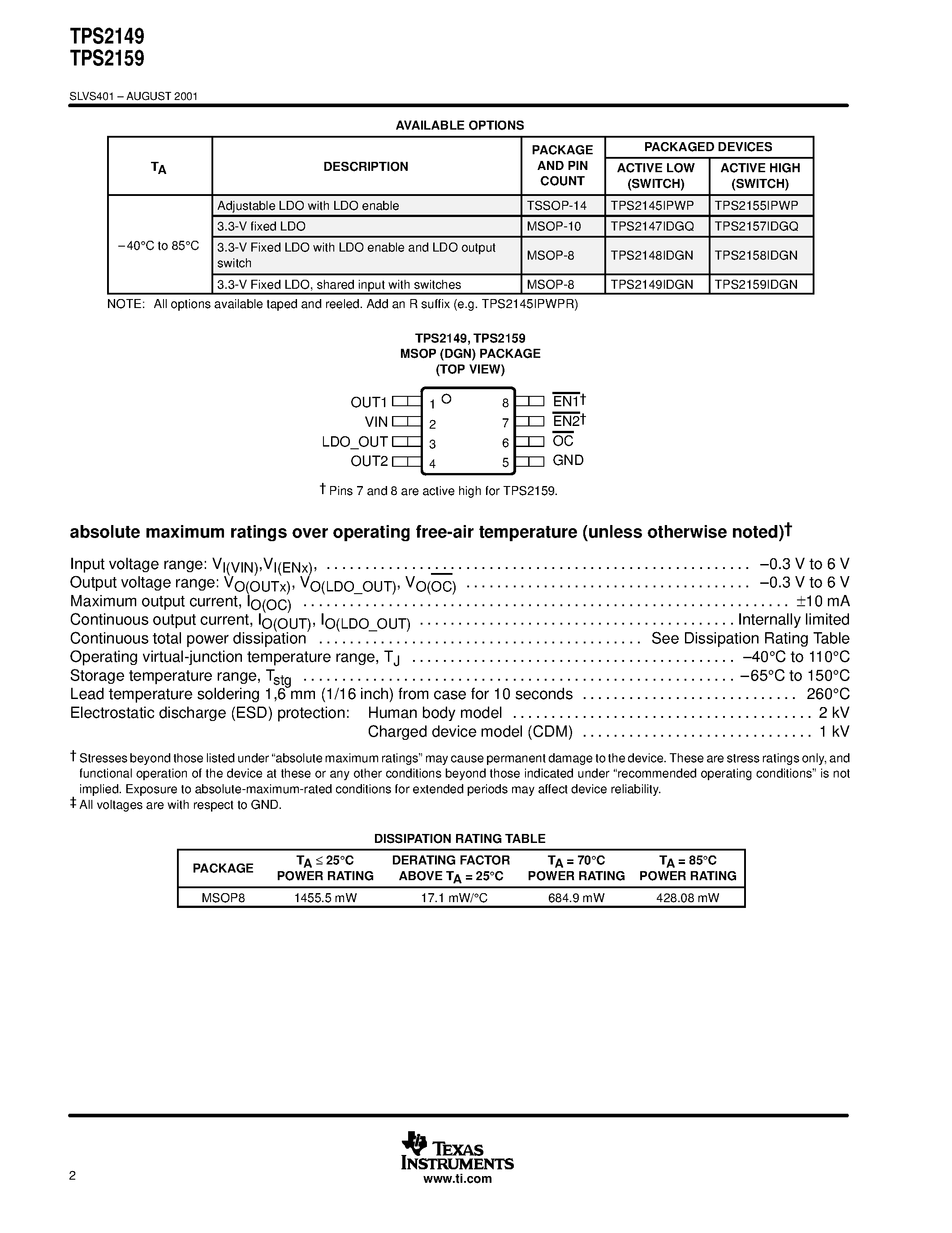 Datasheet TPS2149IDGN - 3.3-V LDO AND DUAL SWITCH FOR USB BUS-POWERED HUB POWER MANAGEMENT page 2
