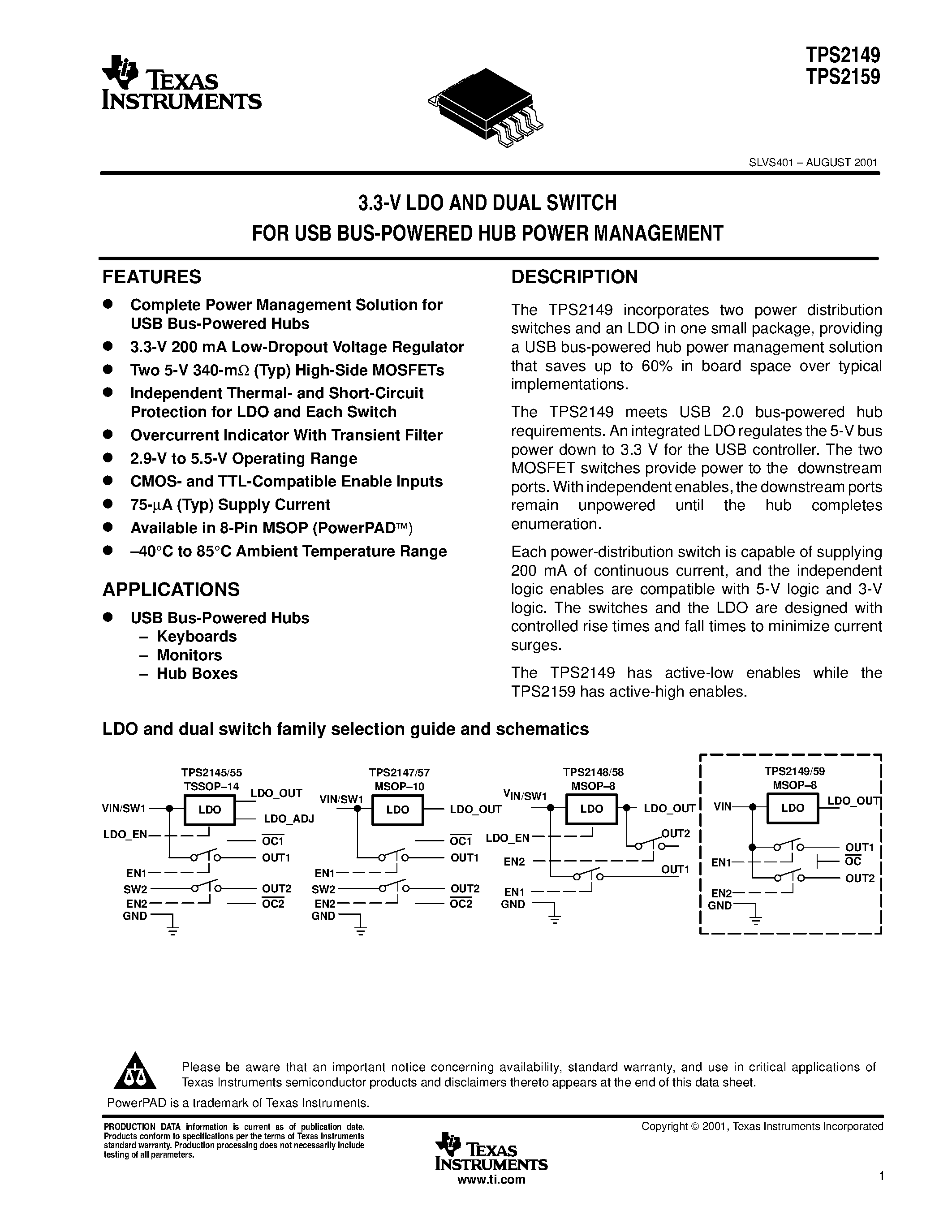 Даташит TPS2157IDGQ - 3.3-V LDO AND DUAL SWITCH FOR USB BUS-POWERED HUB POWER MANAGEMENT страница 1